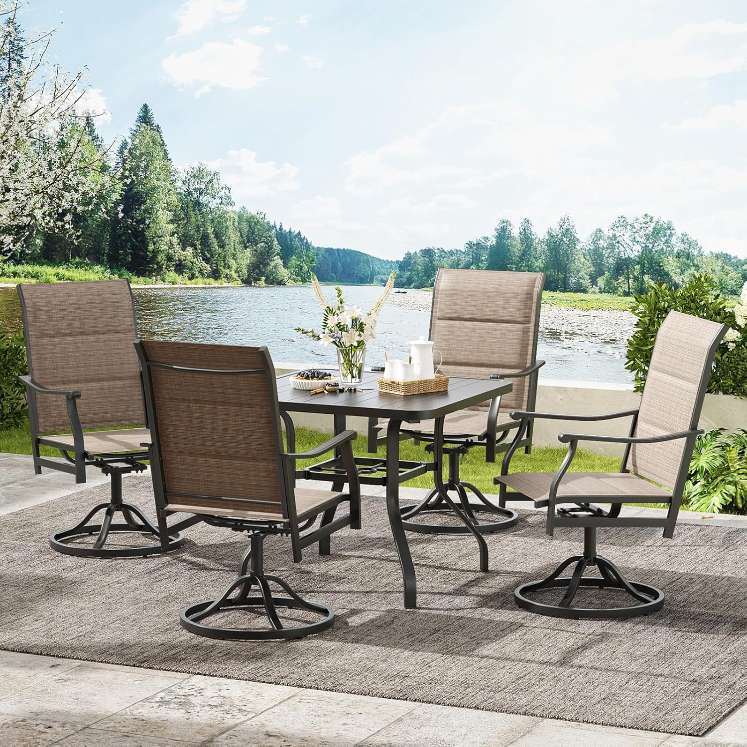 Soohow 5 Piece Patio Dining Set with 4 Outdoor Swivel Dining Chairs and 35"x 35" Metal Steel Dining Table(1.57" Umbrella Hole), All Weather Outdoor Dining Furniture Set (Brown Fabric & Quilted)