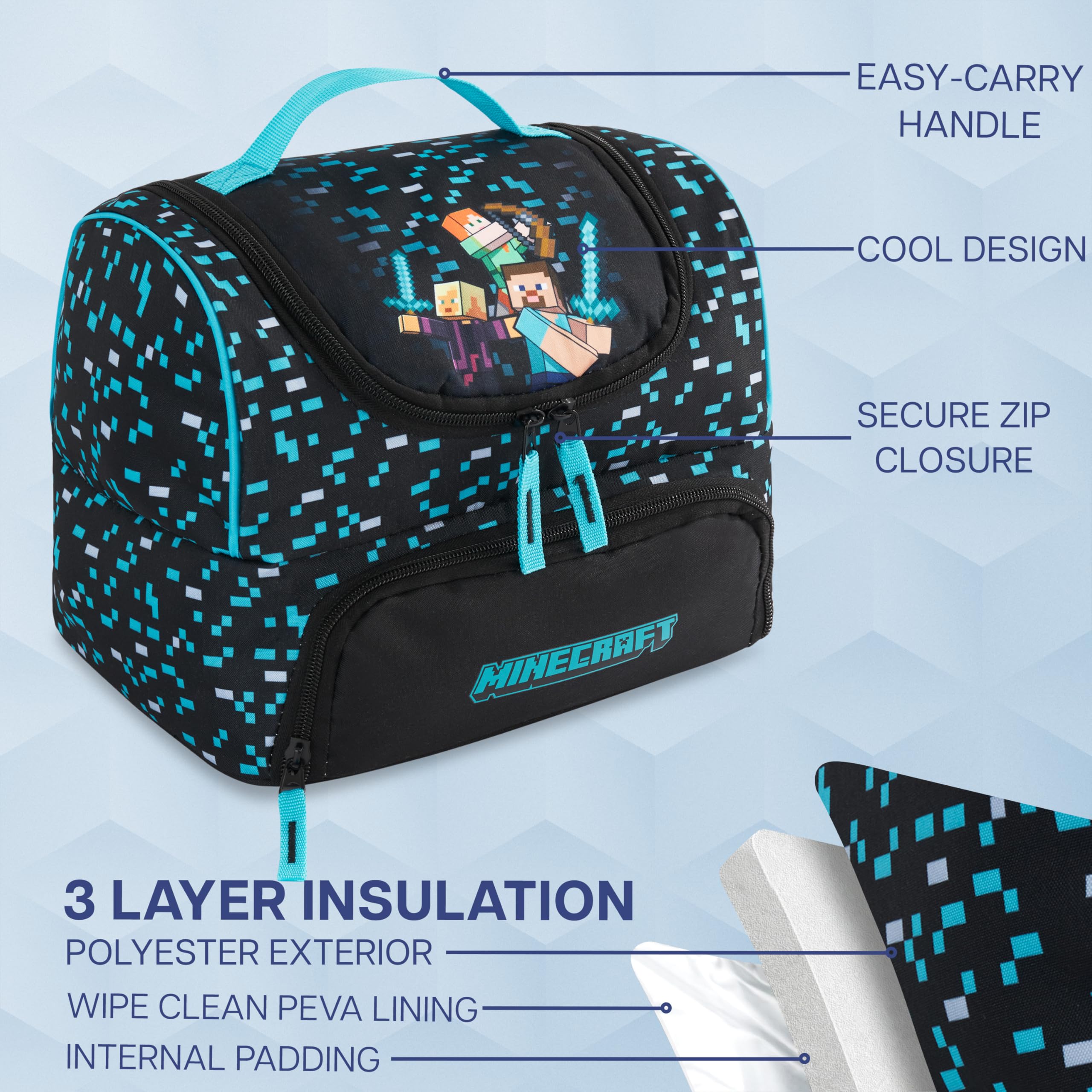 Get Trend Minecraft Borsa Termica Porta Pranzo Bambini con 2 Scomparti Isolati Doppia Zip, Borsa Pranzo con Fodera Argentata, Manico ed Etichetta ID per Scuola e Picnic, Idea Regali (Blu/Nero)
