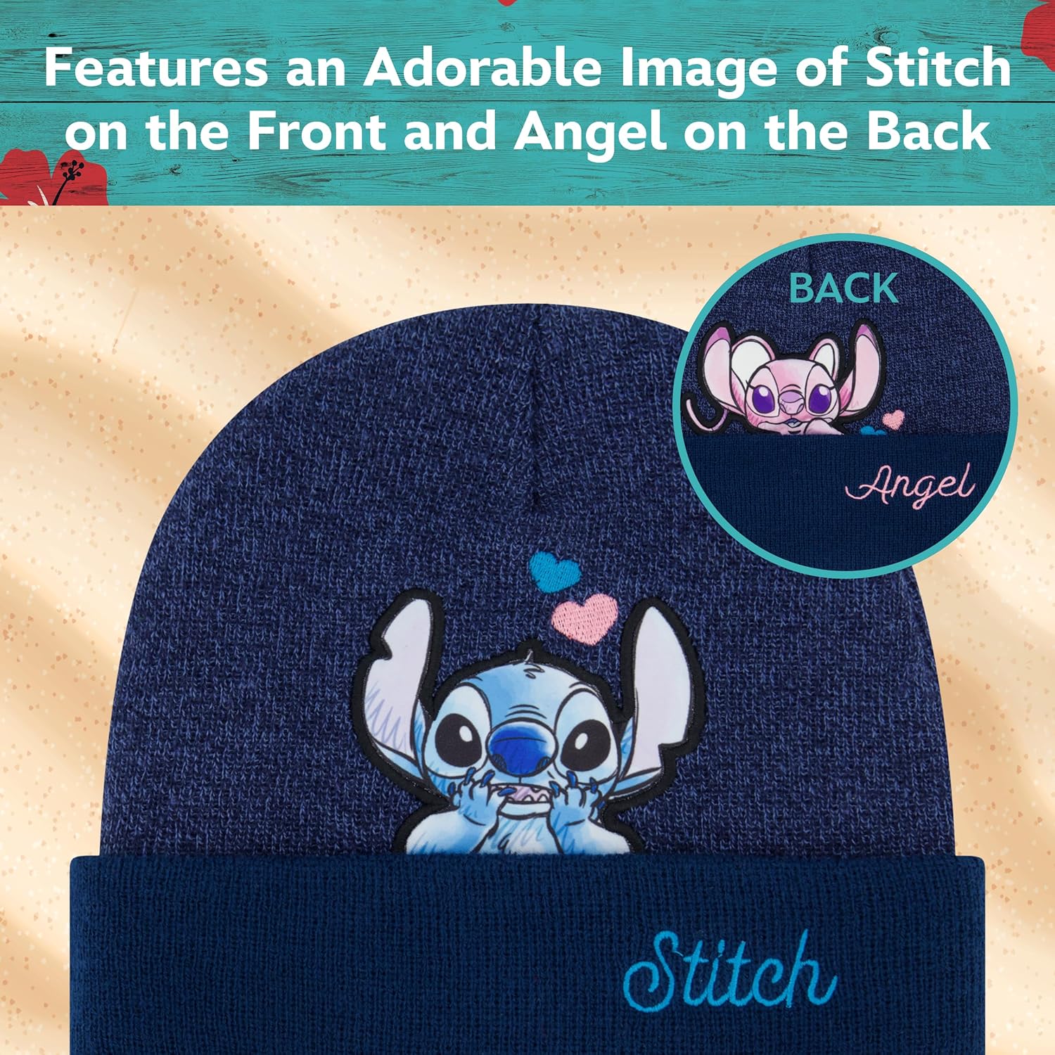 Disney Stitch Beanie Hat, Women's Angel Winter Knit Cap with Cuff, Navy, One Size - Image 3
