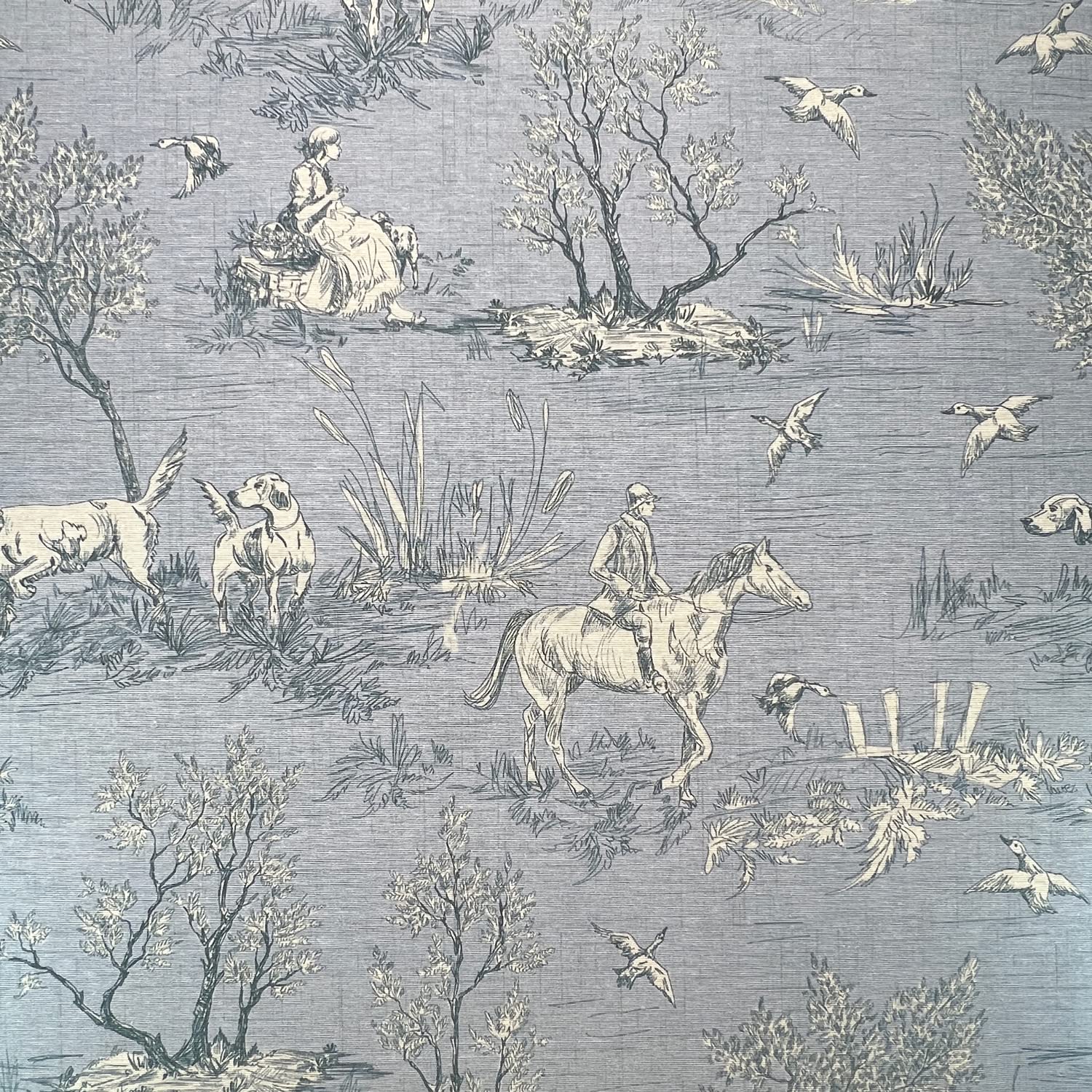 Crafty Cotton Rich Panama Canvas Fabric - Country Toile Wedgewood Blue - Horse & Hounds - Width 140cm - Home Furnishings Craft Projects
