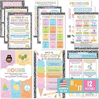 Hadley Designs Parts of Speech Posters For Classroom Must Haves - 12 English Grammar Posters for Classroom, Writing Process Language Arts Elementary & Middle School, Pastel ELA Decor