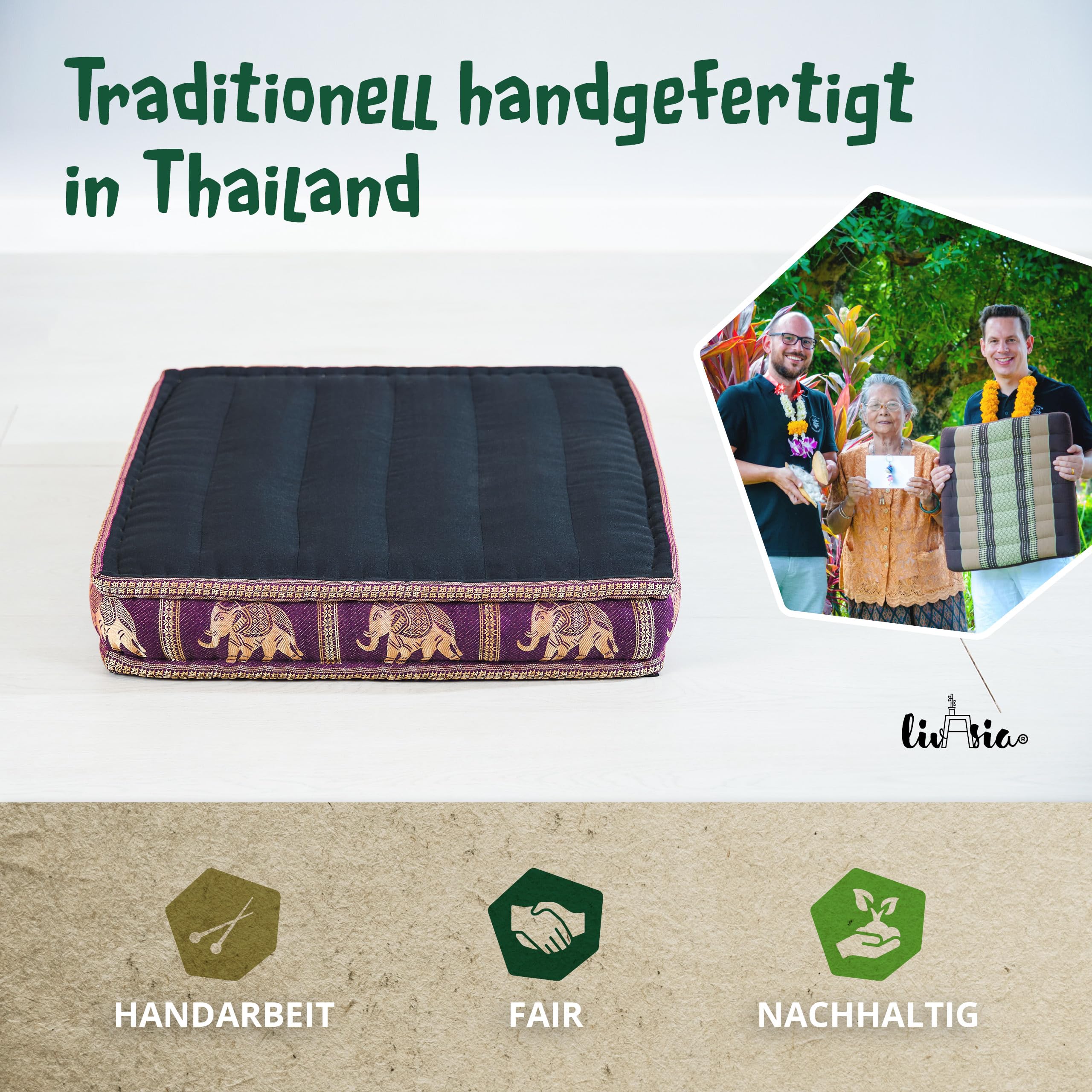 livasia Sitzkissen Boden Thaiseide - 50x50x10cm - Bodenkissen Indoor/Outdoor, Meditationskissen Yogakissen, Stuhlauflage Palettenmöbel, Steppkissen Bank handgefertigt (Schwarz/Lila/Elefanten Seide)