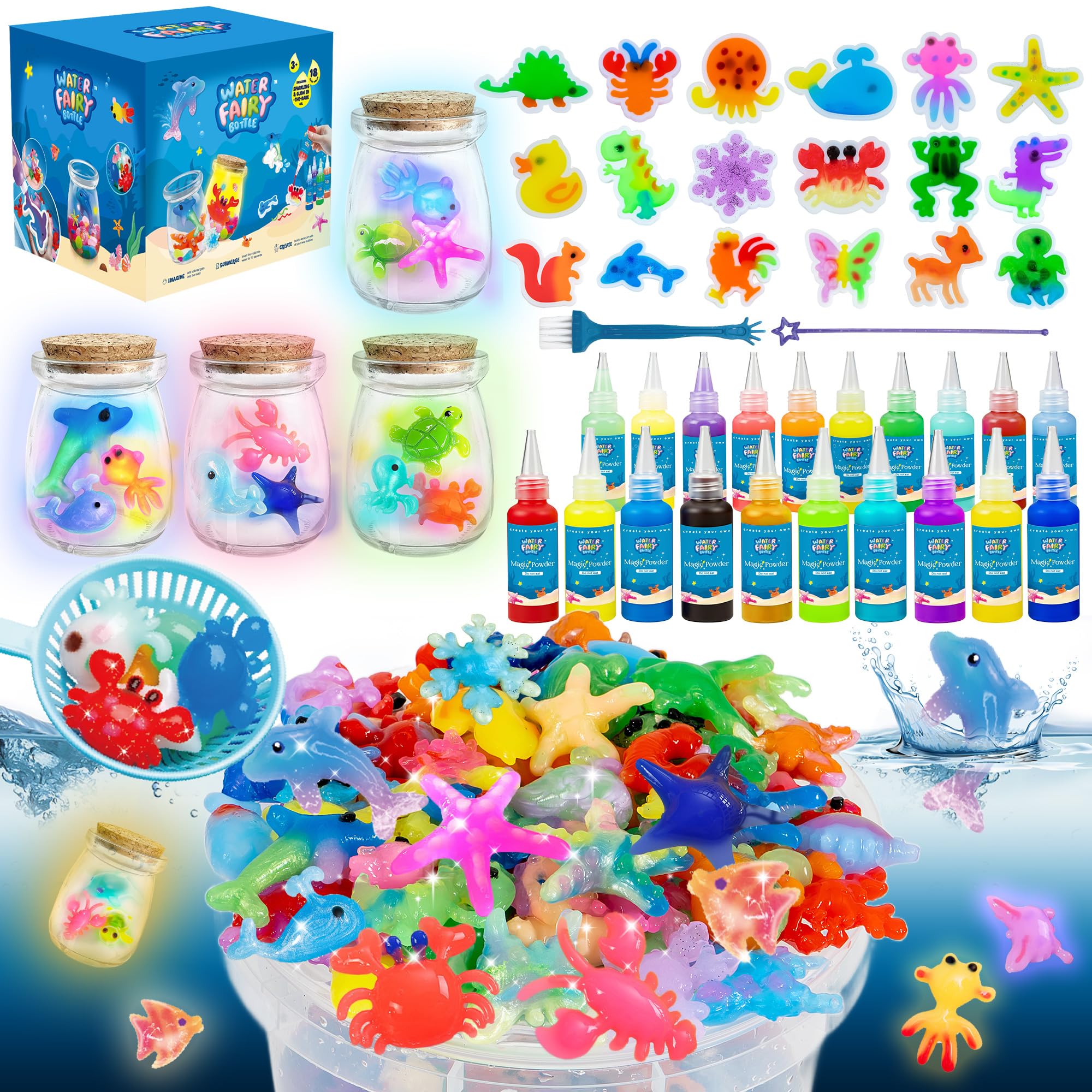 116PCS Magic Glow-in-The-Dark Gel Water Fairy Toy, Aqua DIY Elf Set with 18 Shape Molds, 100ml Gels, Water Squishy Kit, Make 150+ Water Animals,