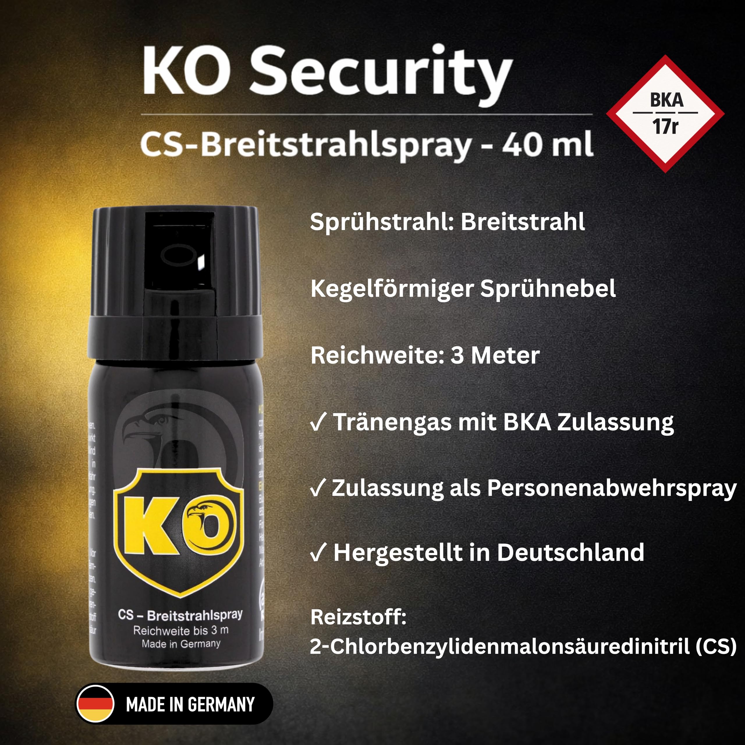 2 Stück KO Security CS-Spray 40 ml – Breitstrahl Personenabwehrspray mit BKA-Zulassung - modernes Design - kompakt und diskret
