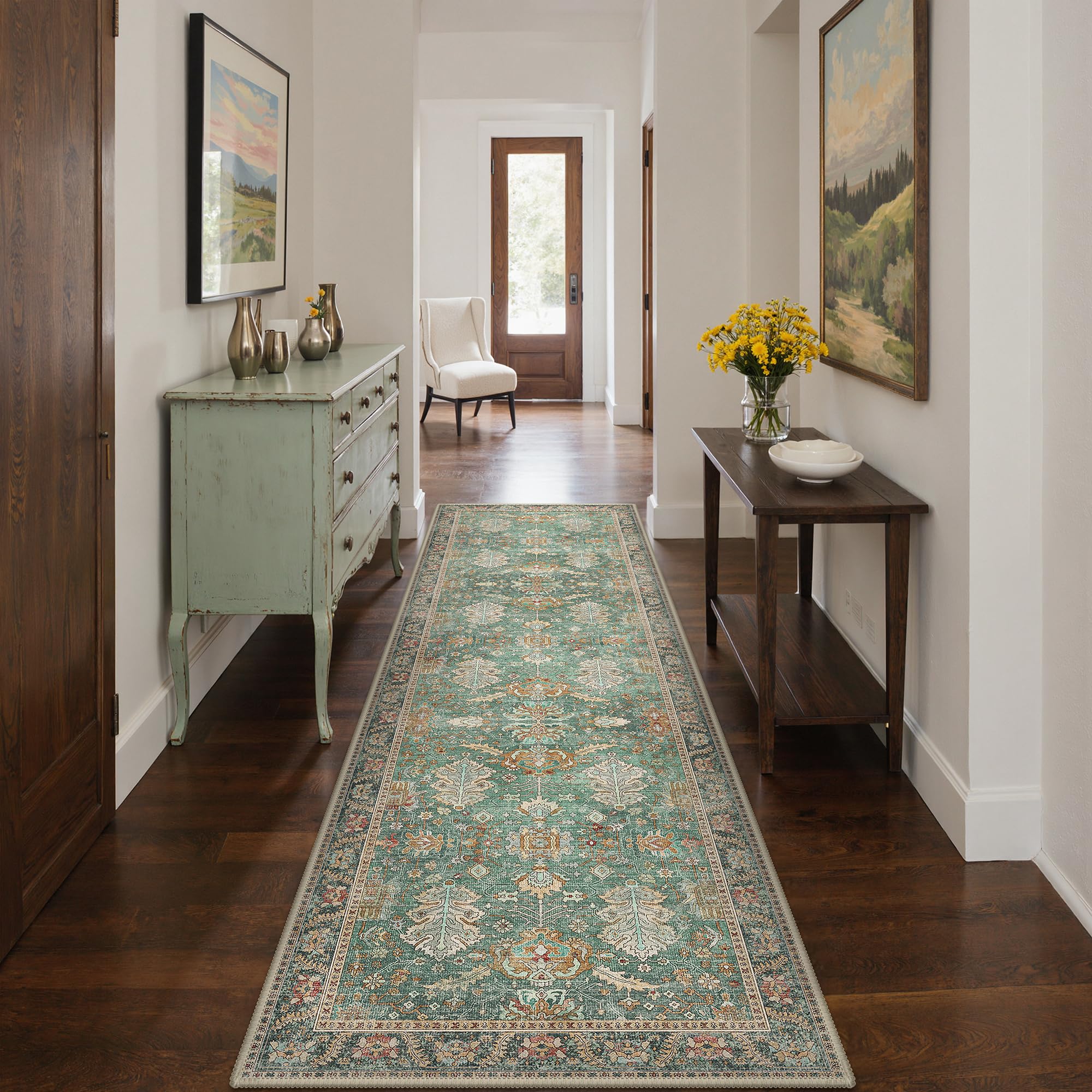 BEIMO Enter Rugs for Hallway 80x300cm, Non-Slip Extra Long Washable Rug Soft Low Pile, Boho Design Carpet Runners for Entryway Kitchen Laundry Room, Retro Floral Motifs Geometric, Emerald Green โ image 1