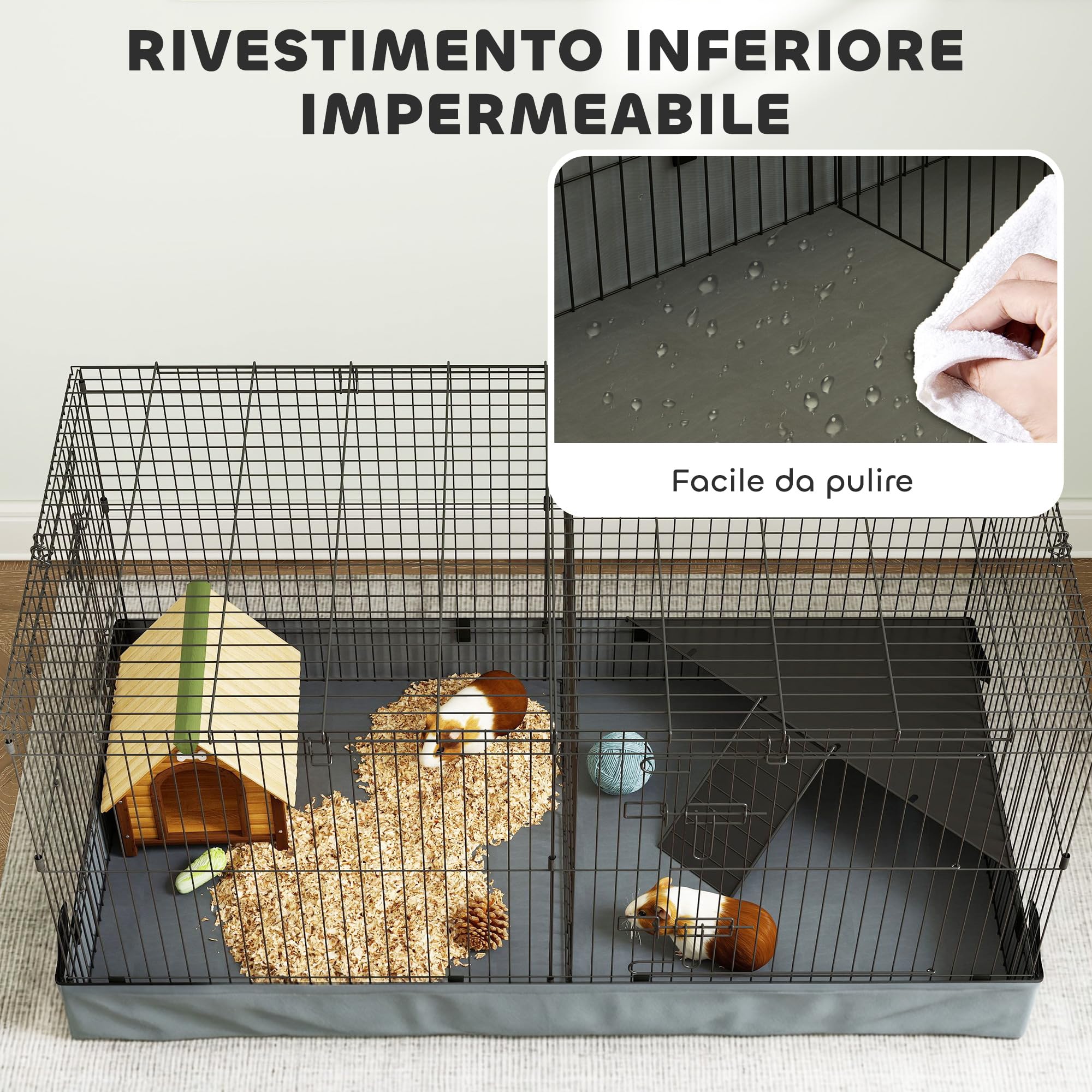 PawHut Gabbia per Animali Piccoli 2 in 1 Recinto Conigli 121x61x61 cm Nero | Porcellini d'India, Coperchio Rimovibile, Fondo Impermeabile, Gabbiette Separate, Porta Centrale, Rampa