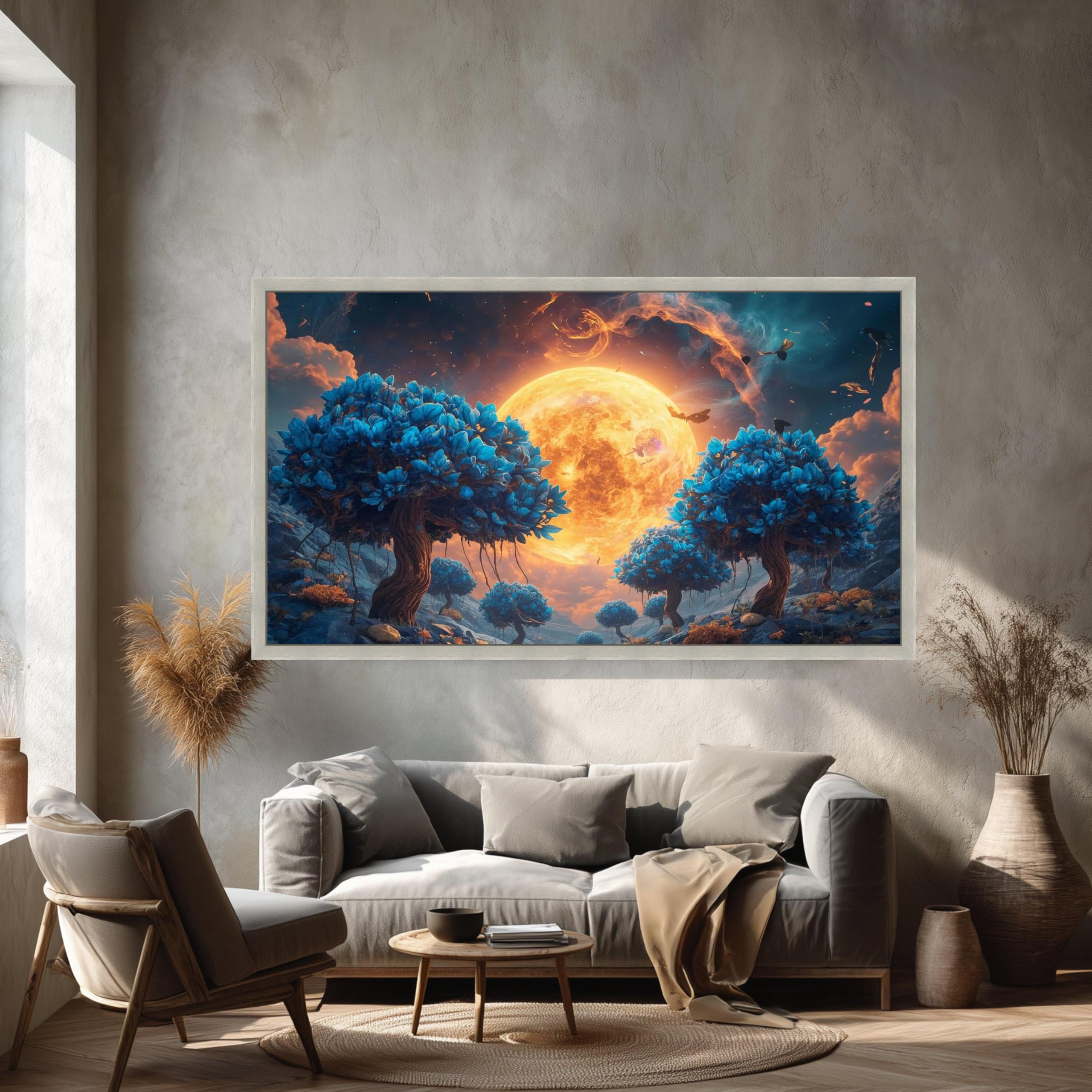 Niebieskie kwiaty drzew plakaty i wydruki, obraz na płótnie błyszczący księżyc, naturalna sceneria sztuka ścienna, surrealistyczne dzieło sztuki dekoracji wnętrz (65 x 120 cm/rama wewnętrzna)