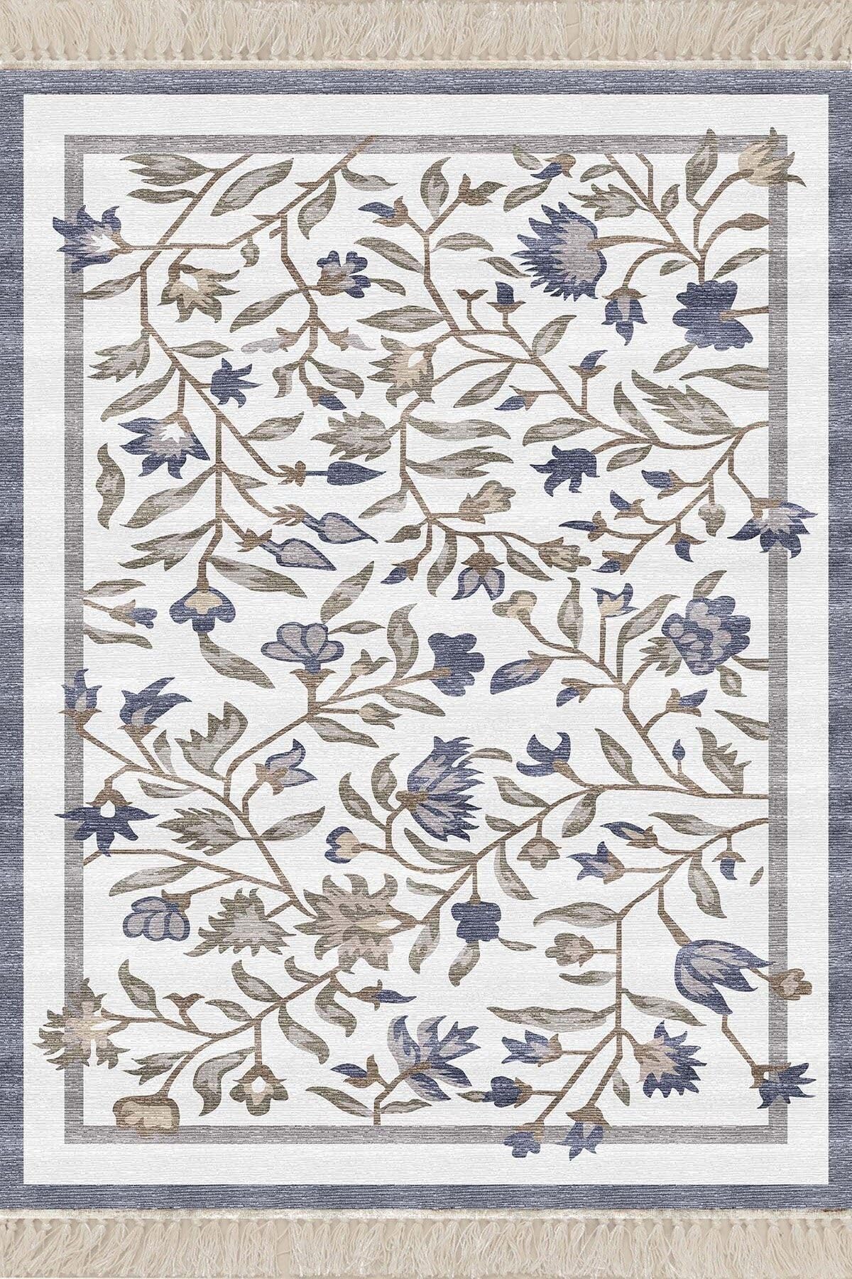 Pelangi Çiçek Desenli Çerçeveli Dijital Baskı Yıkanabilir Kaymaz Taban Modern Salon Halı ve Yolluk, Mavi 100 x 300