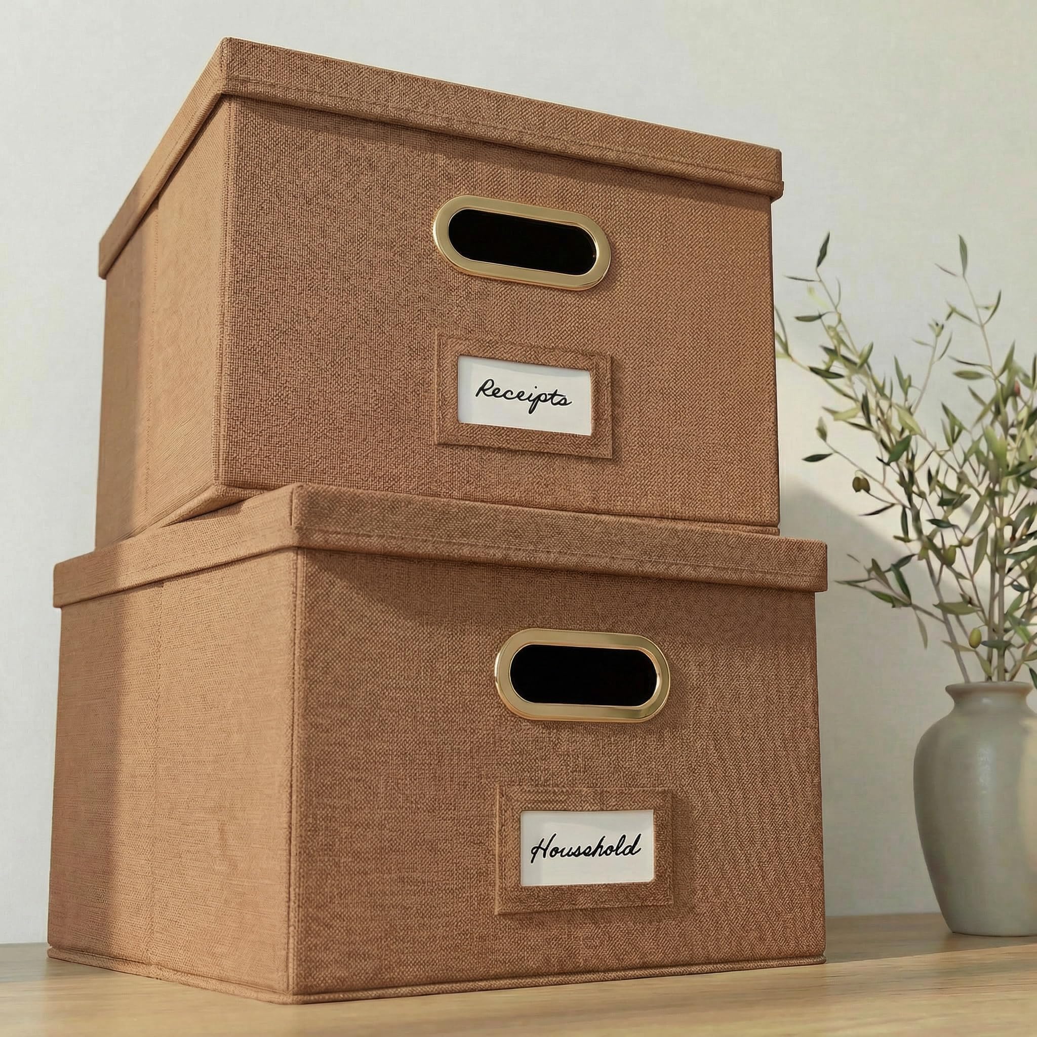 ZICOTO Decorative File Organizer Box Set of 2 - Collapsible Linen Filing Cabinets with Handles Are Perfect to Store All Your Documents & Hanging File Folders - Portable Easy Slide Crates with Lid