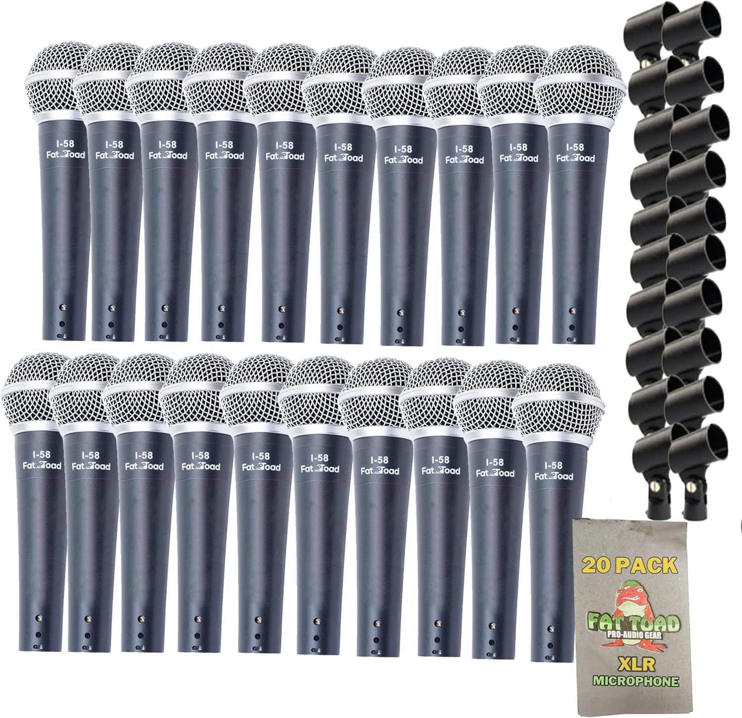 Fat Toad Cardioid Dynamic XLR Microphones (Live ResponsePRO Edition) 20 Pack – Handheld Unidirectional Mics with Clips for Vocal Studio, DJ Stage & Karaoke Use