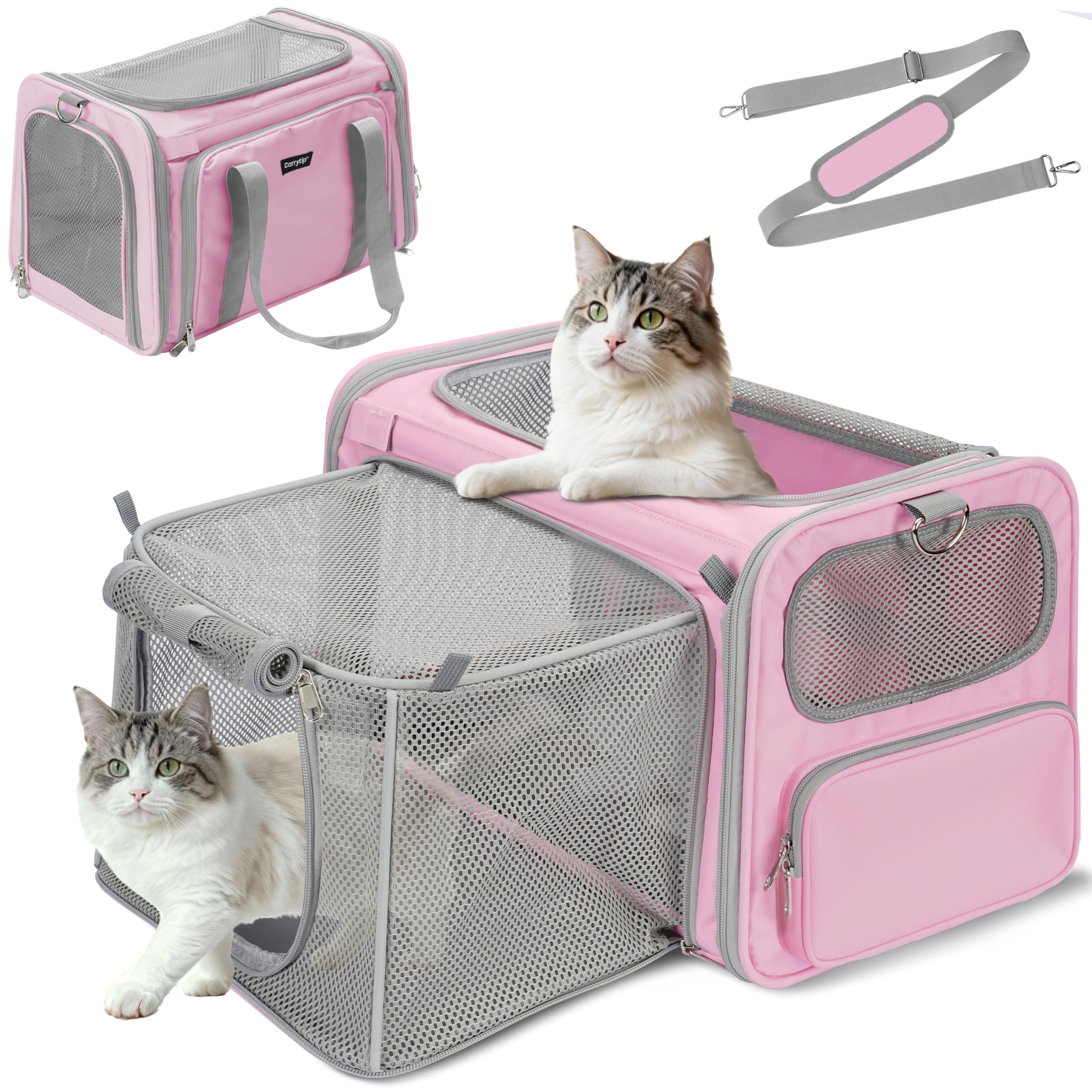 CarryTip Expandable Cat Carrier, Airline Approved Soft Sided Pet Carrier for Cats & Small Dogs Up to 15 lbs, with Locking Safety Zippers & Cozy Fleece Pad, Portable for Car & Vet Visits, Pink