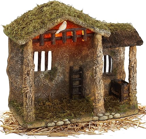 Fovths Figura de pesebre estable iluminada de 14.5 pulgadas, figura religiosa de Navidad, pesebre estable de resina, decoración de mesa, techo de