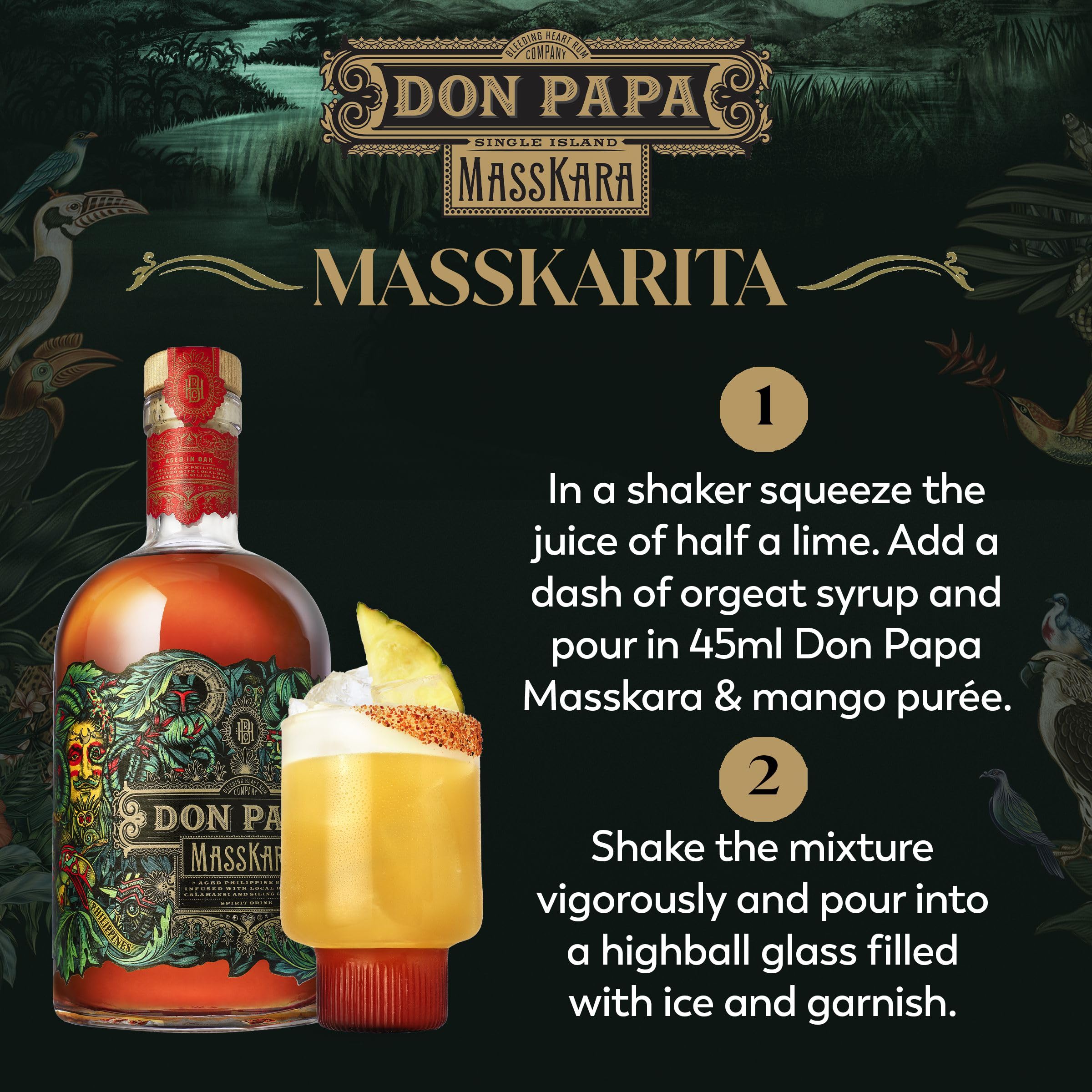 Don Papa Masskara, 700 ml, alc. 40% vol., ron especiado, destilado en Sugarlandia, Filipinas, edición de lujo e idóneo para cócteles