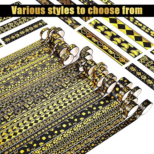 Miniatura 3 de Juego de 24 cintas washi negras y doradas, cinta adhesiva decorativa de lámina dorada negra, cinta adhesiva decorativa para álbumes de recortes,