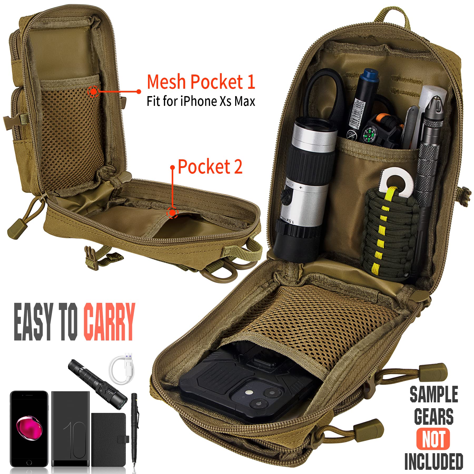bvya Taktyczna torba użytkowa Molle EDC kompaktowa torba na narzędzia, mini torba na talię, plecak, etui na telefon z naszywką z flagą