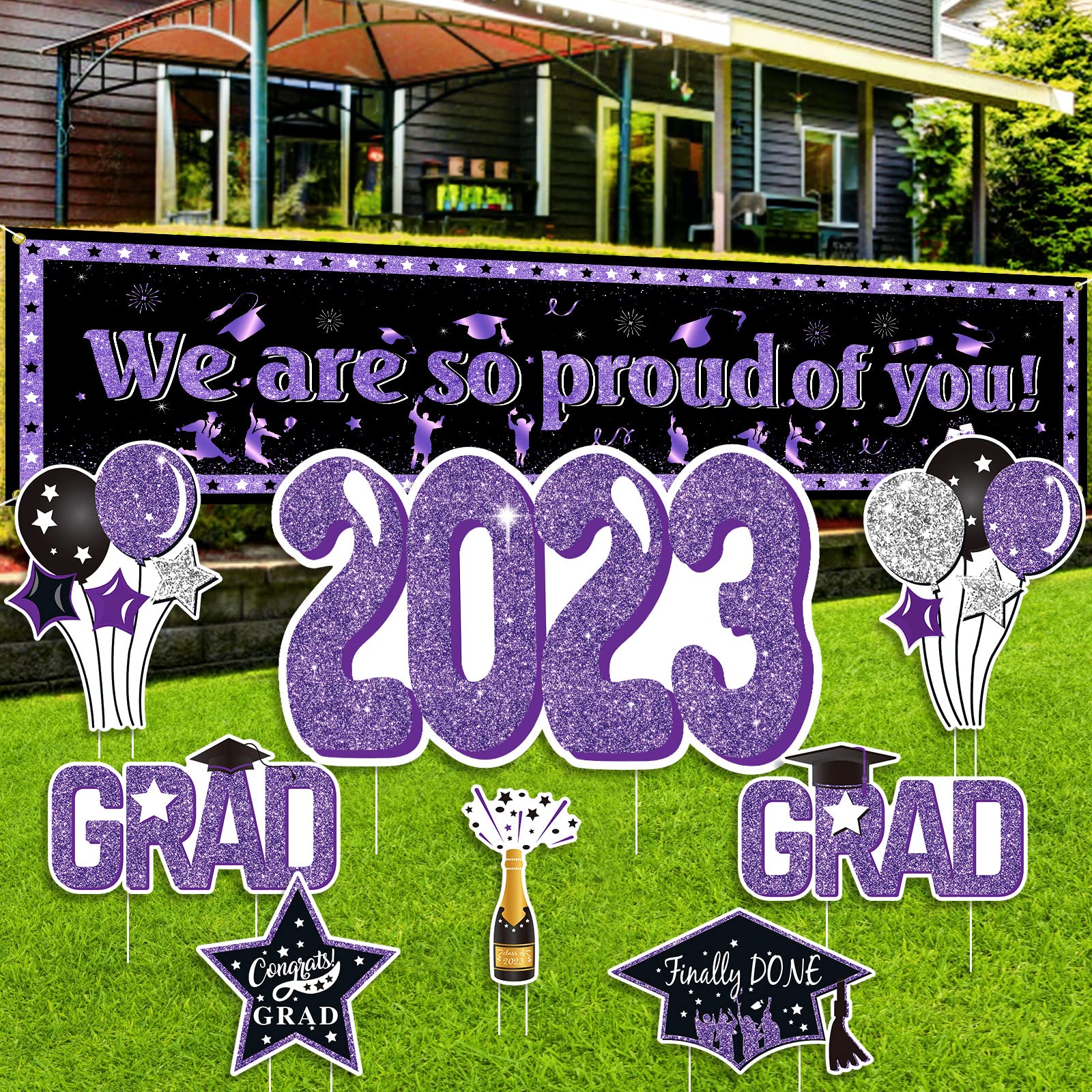 Officygnet2023 Graduation Yard Sign Decorations - 8Pcs Glitter Congrats Grad Yard Signs and Proud of You Banner Backdrop with Stakes for Outdoor, Lawn Party Decor Supplies (Purple & Stakes for