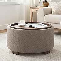 Zihanhome 30 Inch Round Boucle Storage Ottoman Coffee Table with Lift-Off Lid & Solid Wood Legs, Brown