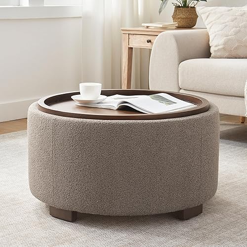 Zihanhome Mesa de centro otomana redonda de almacenamiento de 30 pulgadas, moderna otomana Boucle con tapa abatible y patas de madera maciza para
