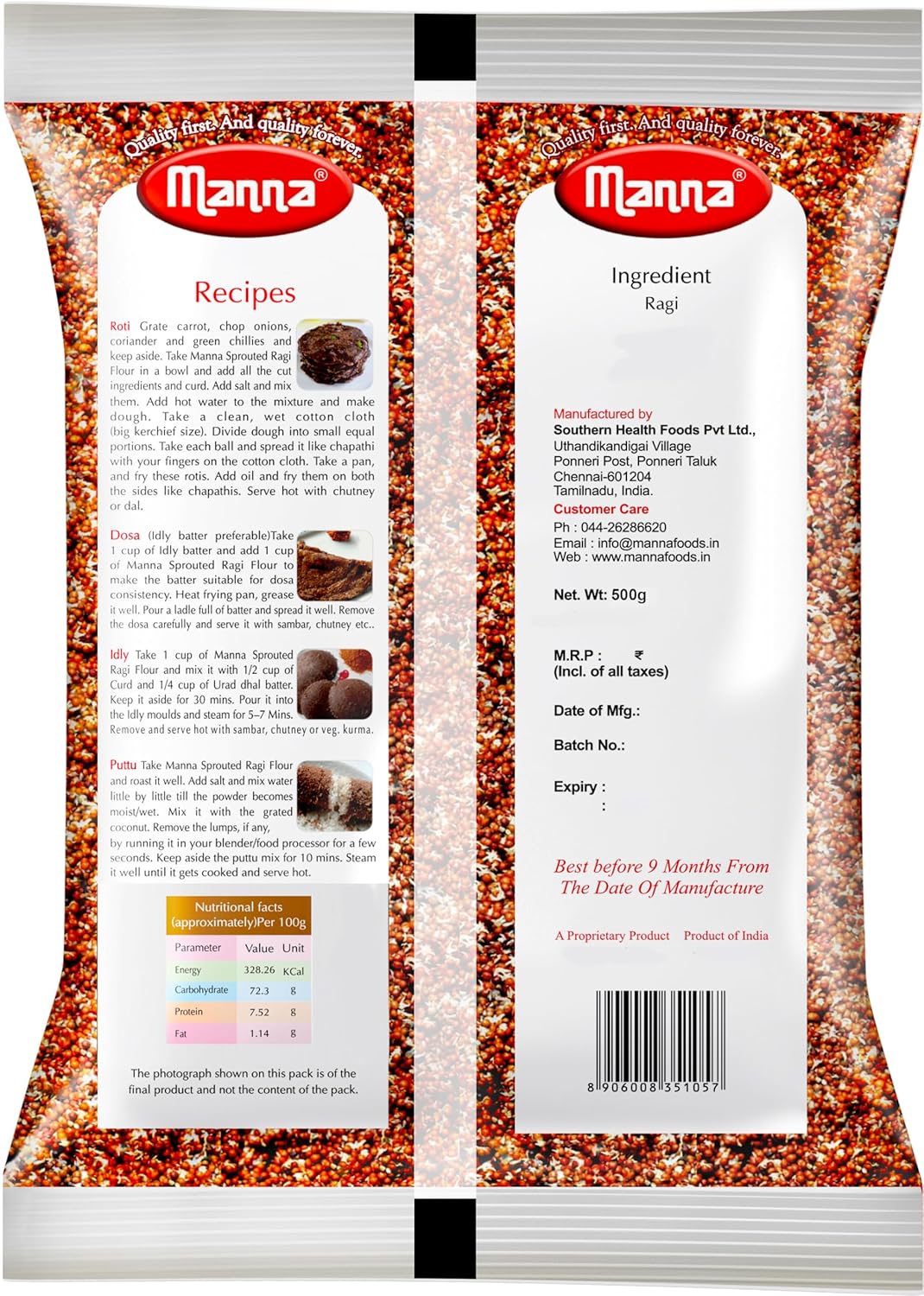 Manna Sprouted Ragi Flour, 1kg