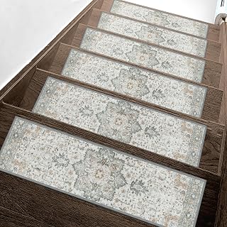 sarben Non-Slip Stair Treads for Wooden Steps 15-Pack 8x30 Inch Taupe - TPE Adhesive Backing, Pet Elderly Safe Indoor Rugs