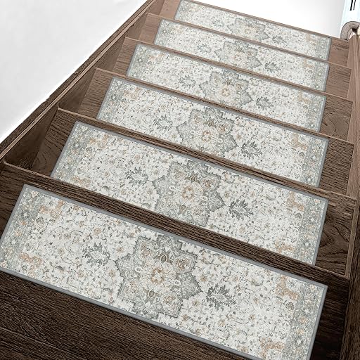 sarben Non Slip Stair Treads for Wooden Steps 15PCS - 8"x30" Indoor Safety Carpet, Edging Mats with TPE Adhesive Backing, Pet and Elderly Friendly Stair Rugs (Taupe)