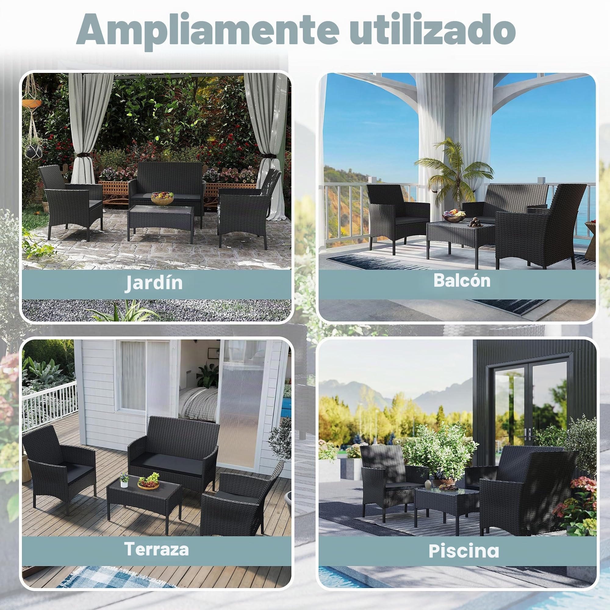UISEBRT Juego de muebles de balcón – Juego de muebles de jardín de polirratán con sofá de 2 plazas, mesa, sillas individuales y cojines de asiento antracita, color negro