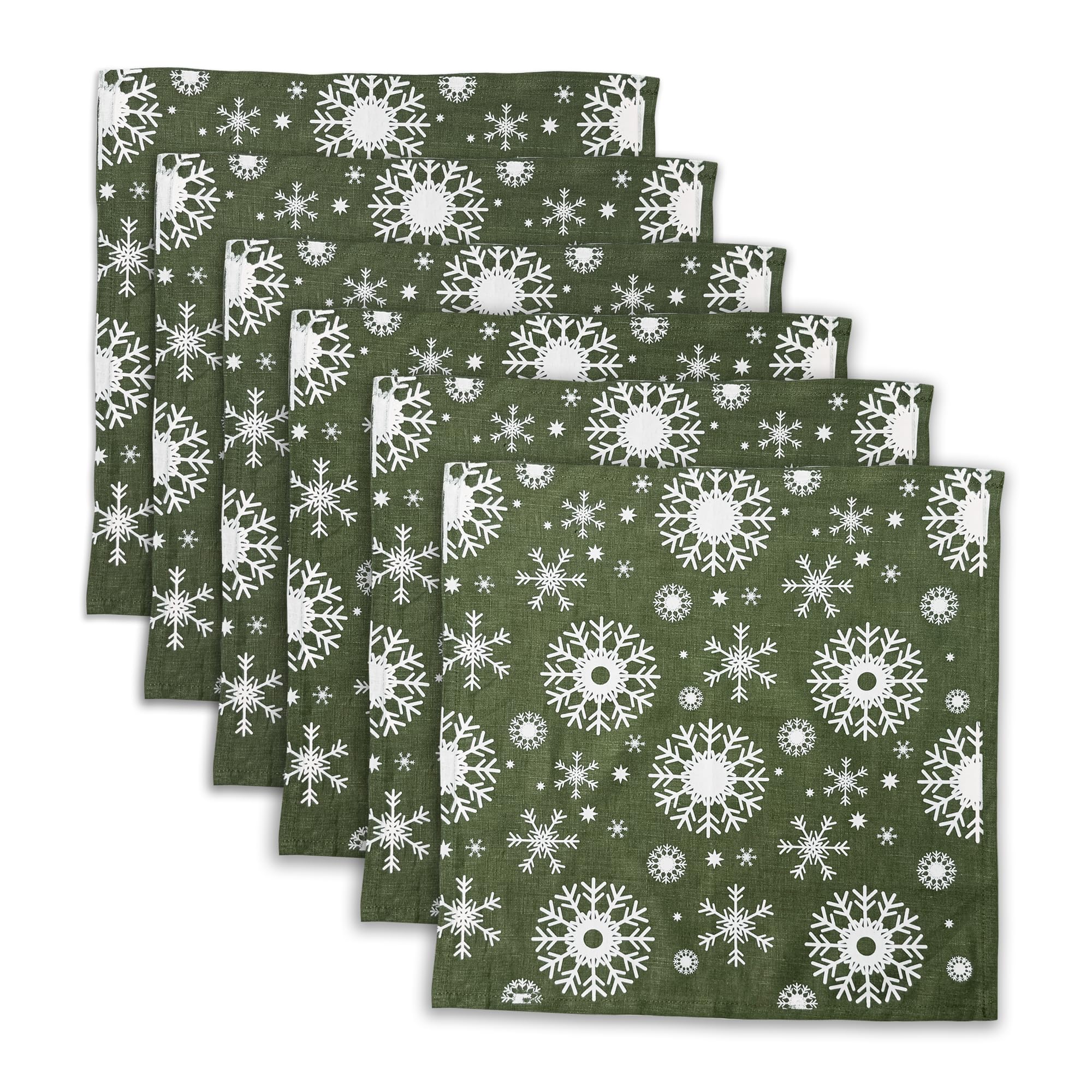 Linendo 100% Pure Linen Christmas Napkins 38 x 38 cm Snowflake Pattern, Set of 6 Pack