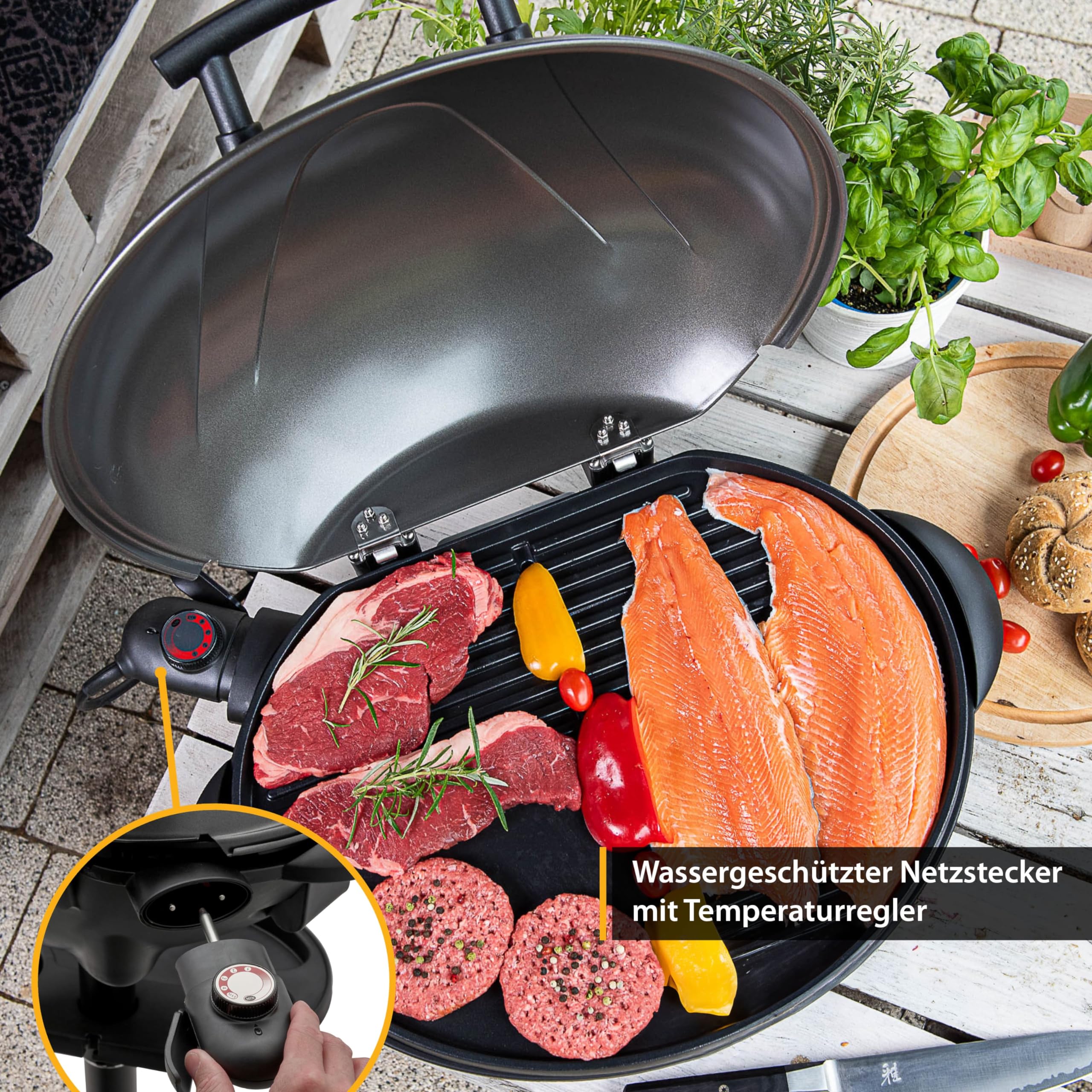 TZS First Austria - Elektrogrill 2 in 1 Tischgrill & Standgrill 2400W - Elektrischer Grill mit Standfuß für Balkon & Terrasse mit Deckel & Ablage - Elektro-Kugelgrill mit Thermometer & Tropfschale