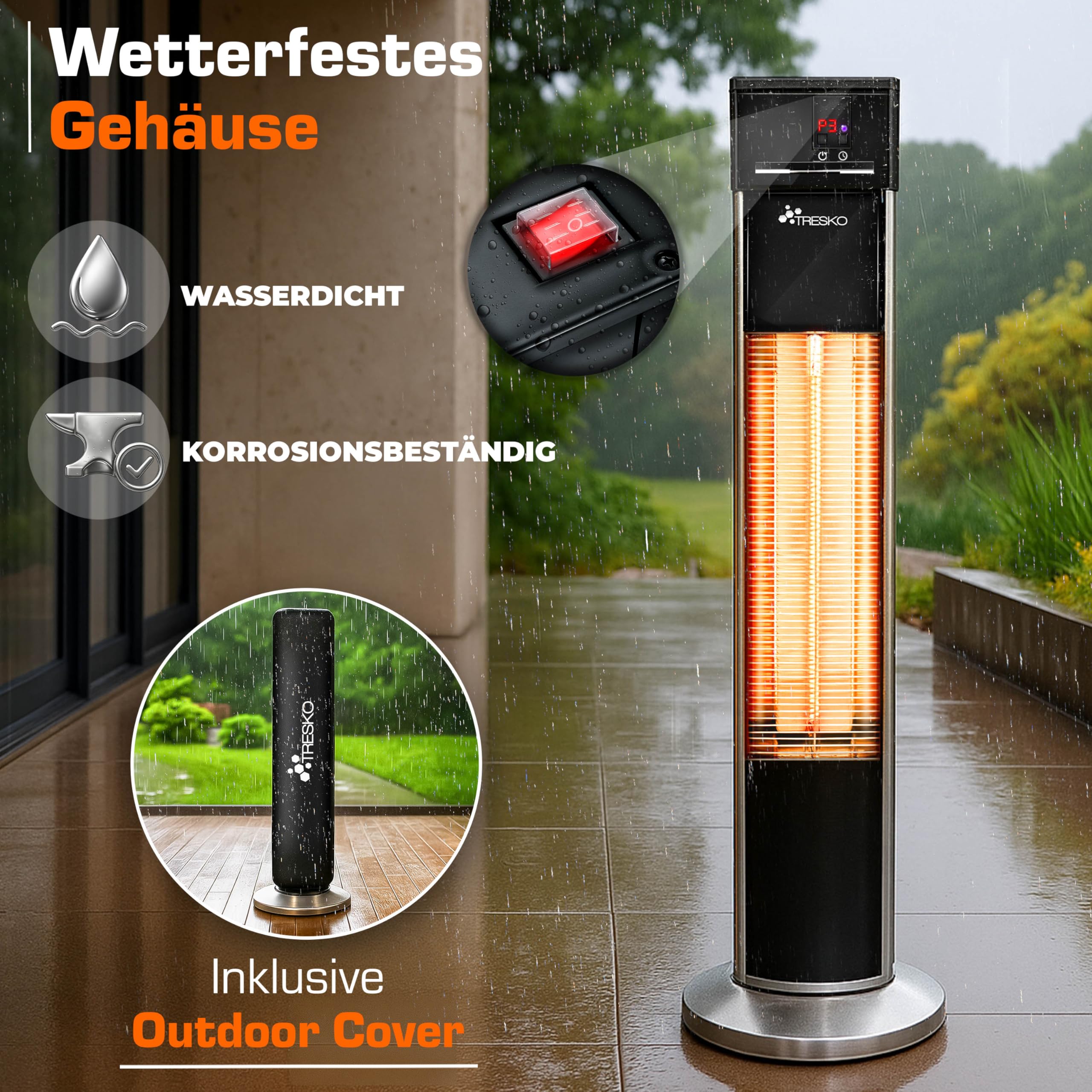 TRESKO Infrarot Stand-Heizstrahler 2000W mit Fernbedienung | Wärmestrahler Terrasse elektrisch mit 3 Heizstufen | Terrassenstrahler Innen & Außen | Infrarotstrahler mit LED-Anzeige