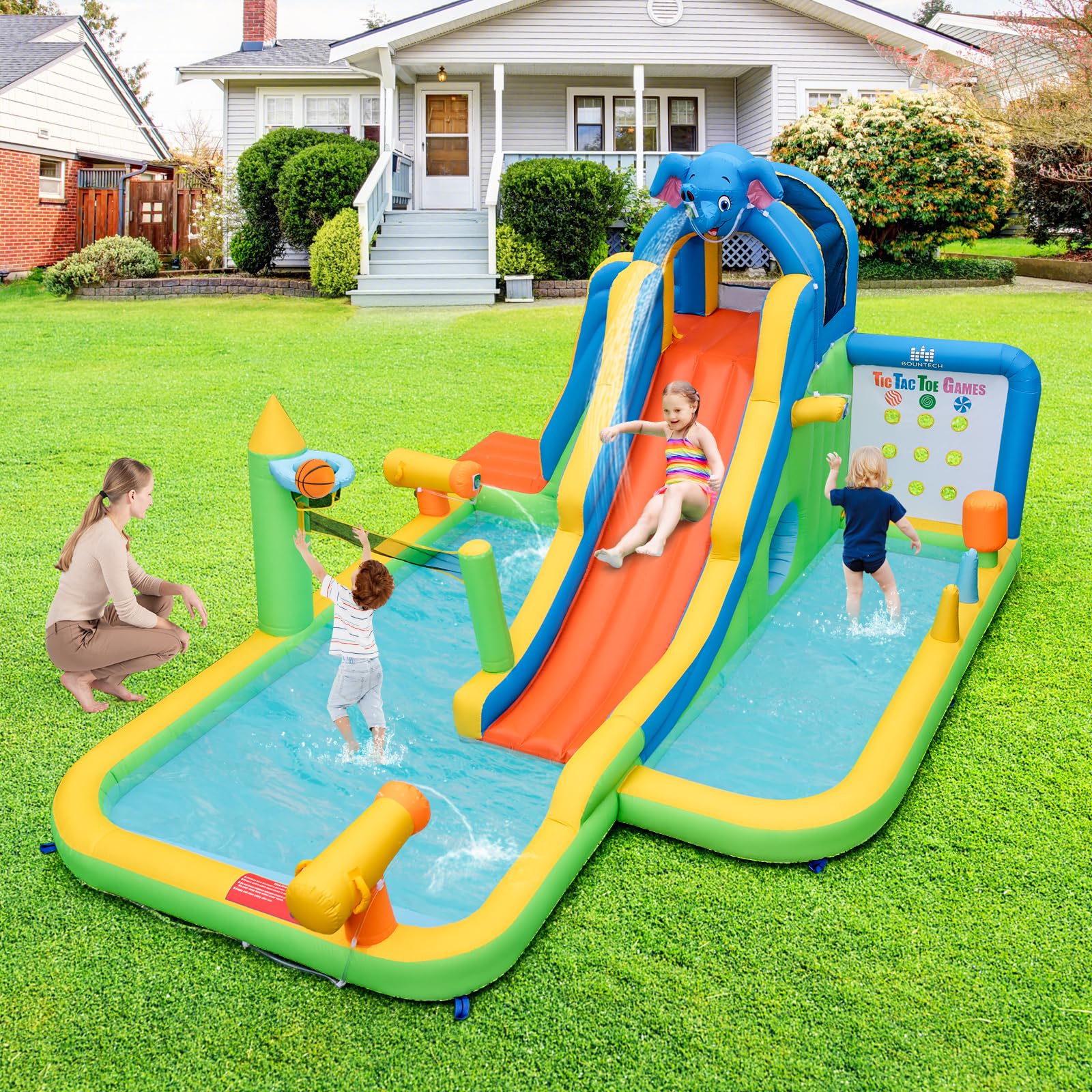 GOPLUS Château Gonflable Enfants Géant,Piscine,Mur d'escalade, Canons à Eau Basket-Ball Volley-Ball, pour Intérieur Extérieur Charge 45+45KG pour Enfants 3-10 Ans (Elephant, sans Souffleur)