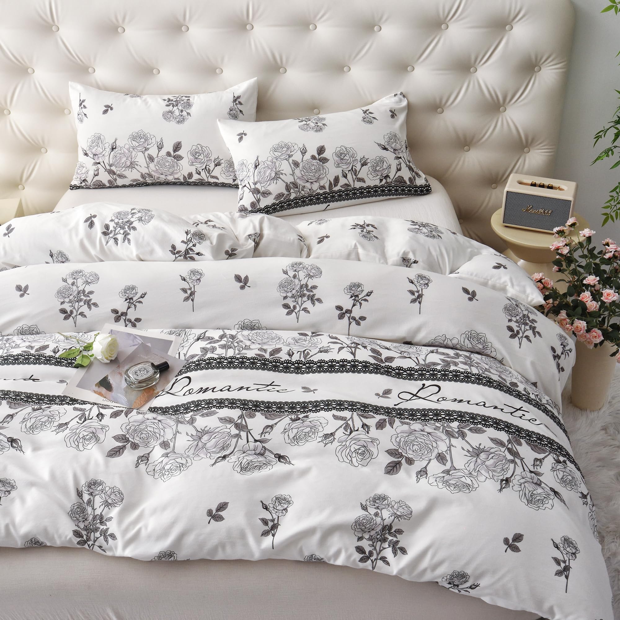 HMtideby Black and White Foral Duvet Cover Set Rose Bedding Sets 3 pcs Duvet Quilt Cover with 2 Matching Pillow Cases, Double