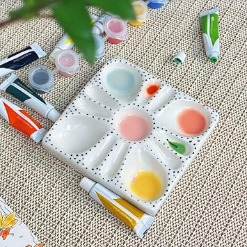 Flower Ceramic Palette for Watercolor, Polka Dots & Bevel Groove Design | Porcelain Mixing Tray, Compact Nail Art Diamond Storage & Jewelry Plate, Makeup Eyeshadow Testing Palette, Painting Gift