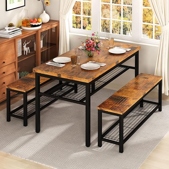 Lamerge 3Piece Dining Table Set, Rustic Dining Table with