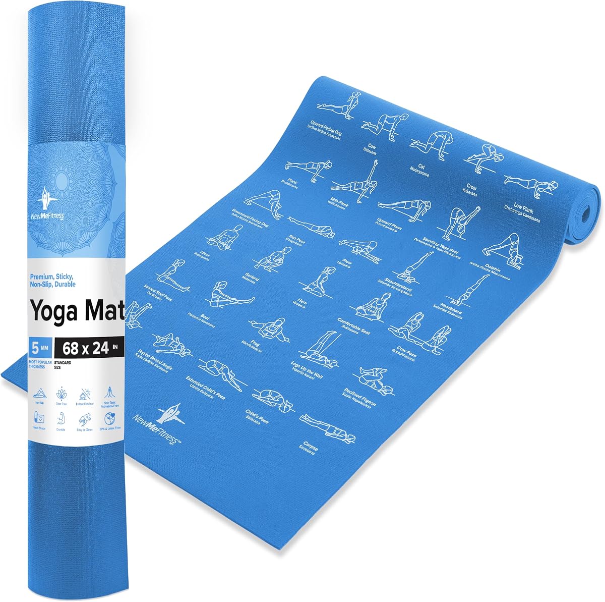 NewMe Fitness Esterilla de yoga para mujeres y hombres – Grande, 0.197 in de grosor, 68 pulgadas de largo, esteras de ejercicio antideslizantes con 70 posturas de yoga impresas para pilates, entrenamiento y estiramiento – Elementos esenciales para el hogar y el gimnasio