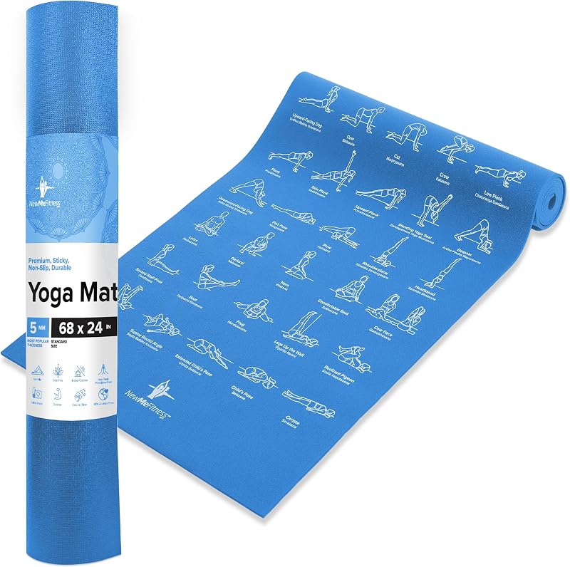 NewMe Fitness Esterilla de yoga para mujeres y hombres – Grande, 0.197 in de grosor, 68 pulgadas de largo, esteras de ejercicio antideslizantes con 70 posturas de yoga impresas para pilates, entrenamiento y estiramiento – Elementos esenciales para el hogar y el gimnasio