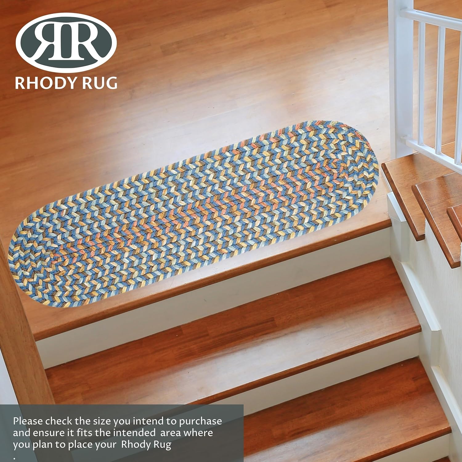 Rhody Rug Cypress CY97 Marina Blue 8" x 28" Stair Tread - Braided Area Rug, Home Decor, Floor Mat or Bedroom Rug - Easy Care, Ideal for High Traffic Areas in Hallway and Living Room - Made in USA