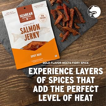 SeaBear Spicy Heat Wild King Salmon Jerky 2-Pack - 2.5 oz Bags | Wild Caught Alaskan King Salmon, Cold Smoked, Ready to Eat High Protein Snack - Spicy Heat Smokehouse Flavor