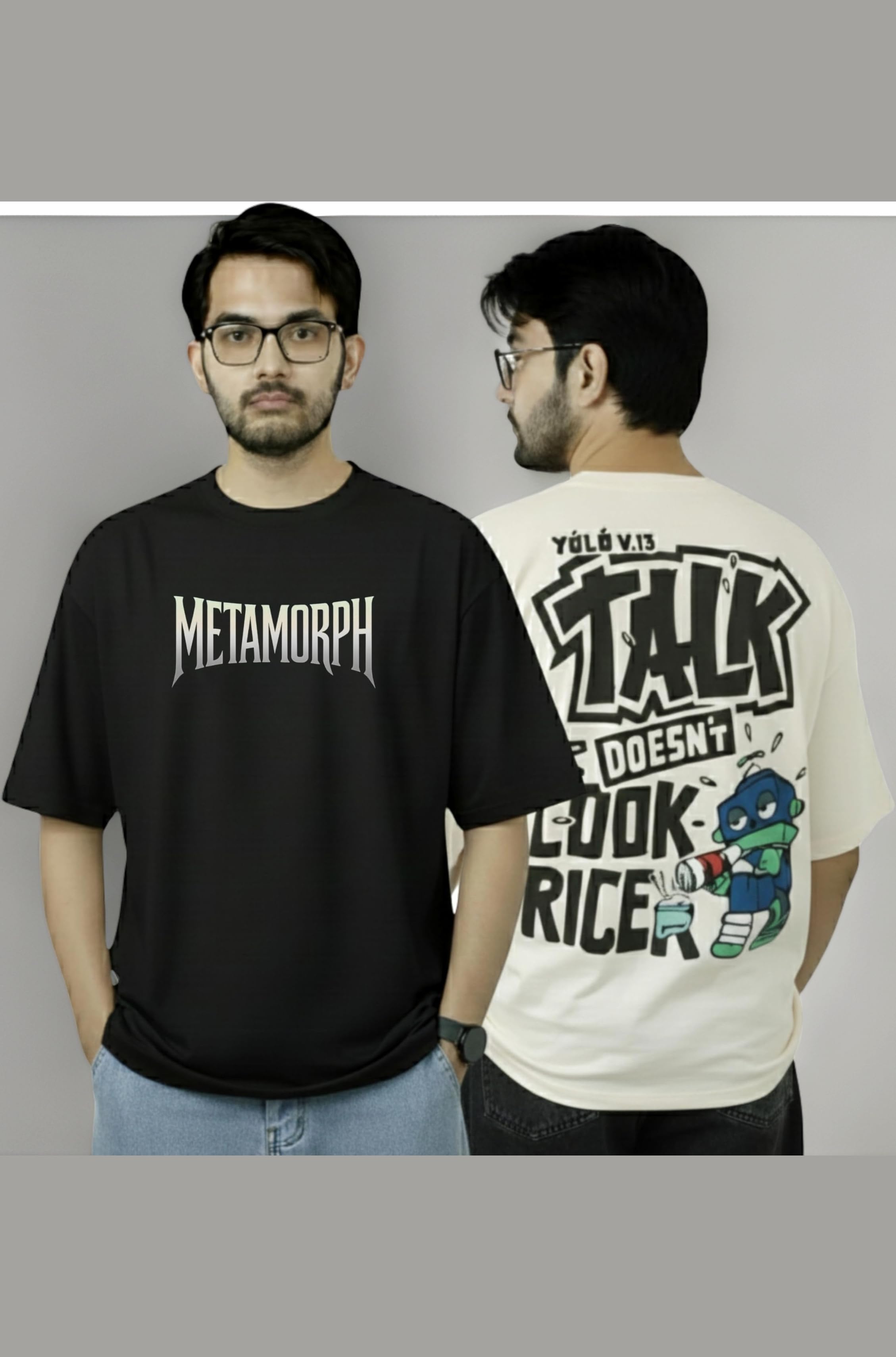 “Eclipse Edition” Oversize T-Shirts (Pack of 2): “Talk Doesn’t Cook Rice” Cream & “Metamorph” Black in 240 GSM Premium Cotton
