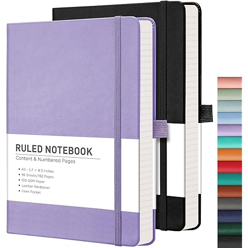 RETTACY Lined Journal Notebook, 2-Pack, 192 Numbered Pages per Pack, A5 Medium Size (5.7'' x 8.3''), for Men & Women, Writing, Work, Leather Hardcover, 100 GSM Thick Paper (Black & Purple)