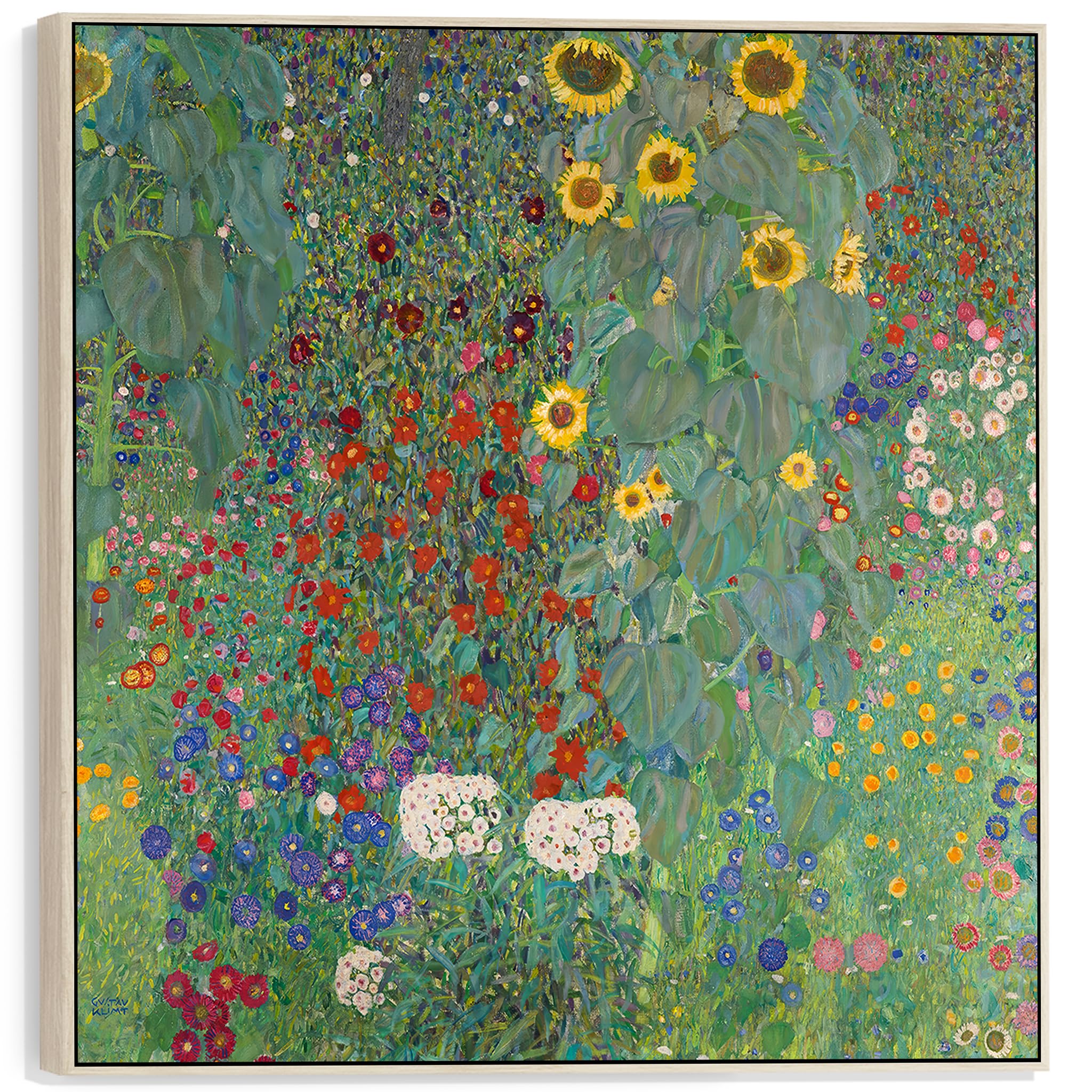 Wallfillers Multi-Coloured Large Gustav Klimt Farm Garden - Framed Canvas Print - Green Floral - 100Cm X 100Cm