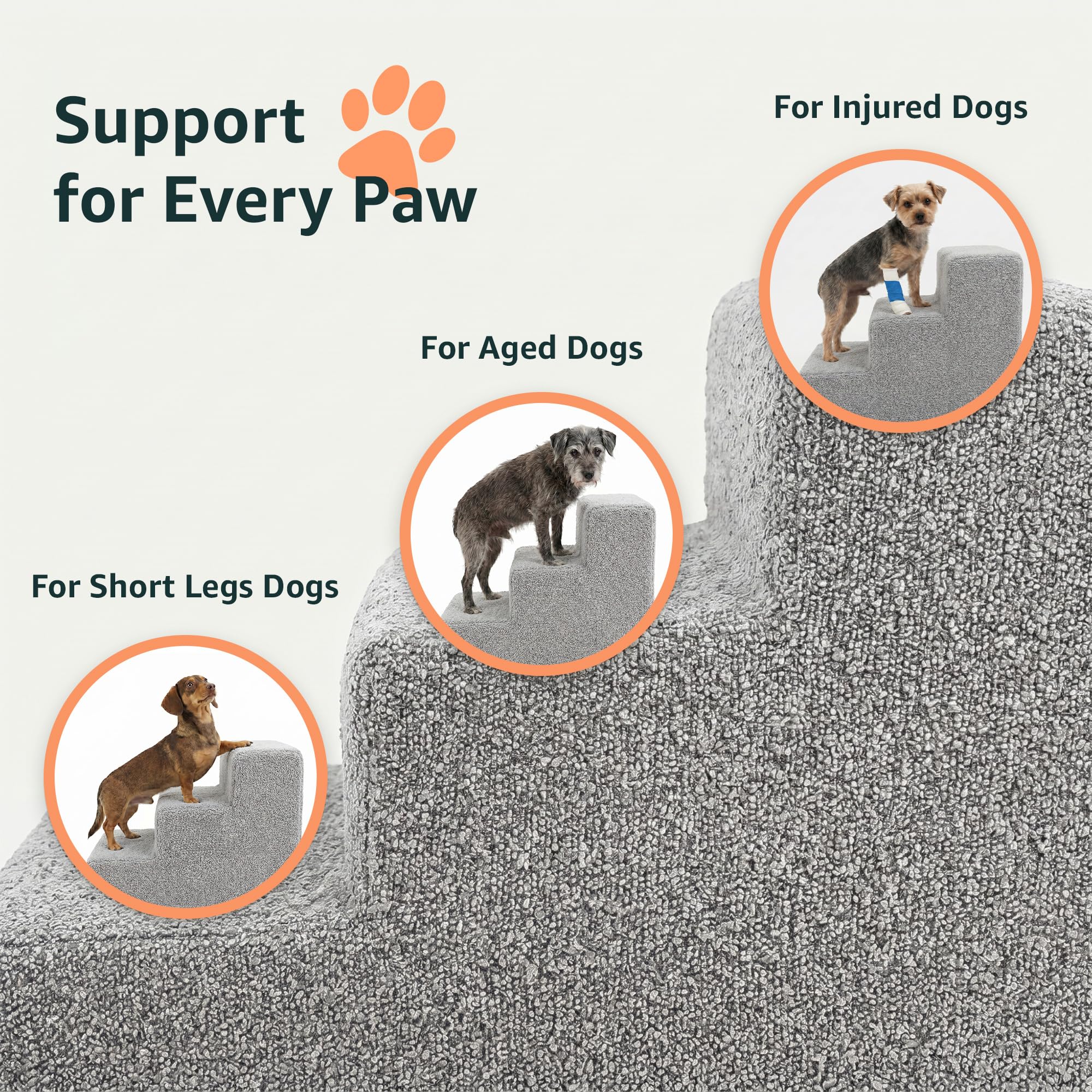murando - Escalier pour Chien et Chat Canapé et Lit 3 Marches - 30 cm - Escaliers pour Chiens - Marche pour Chien - Housse Amovible et Lavable - Robuste en Mousse Rampe pour Chiens - Bouclé - Gris
