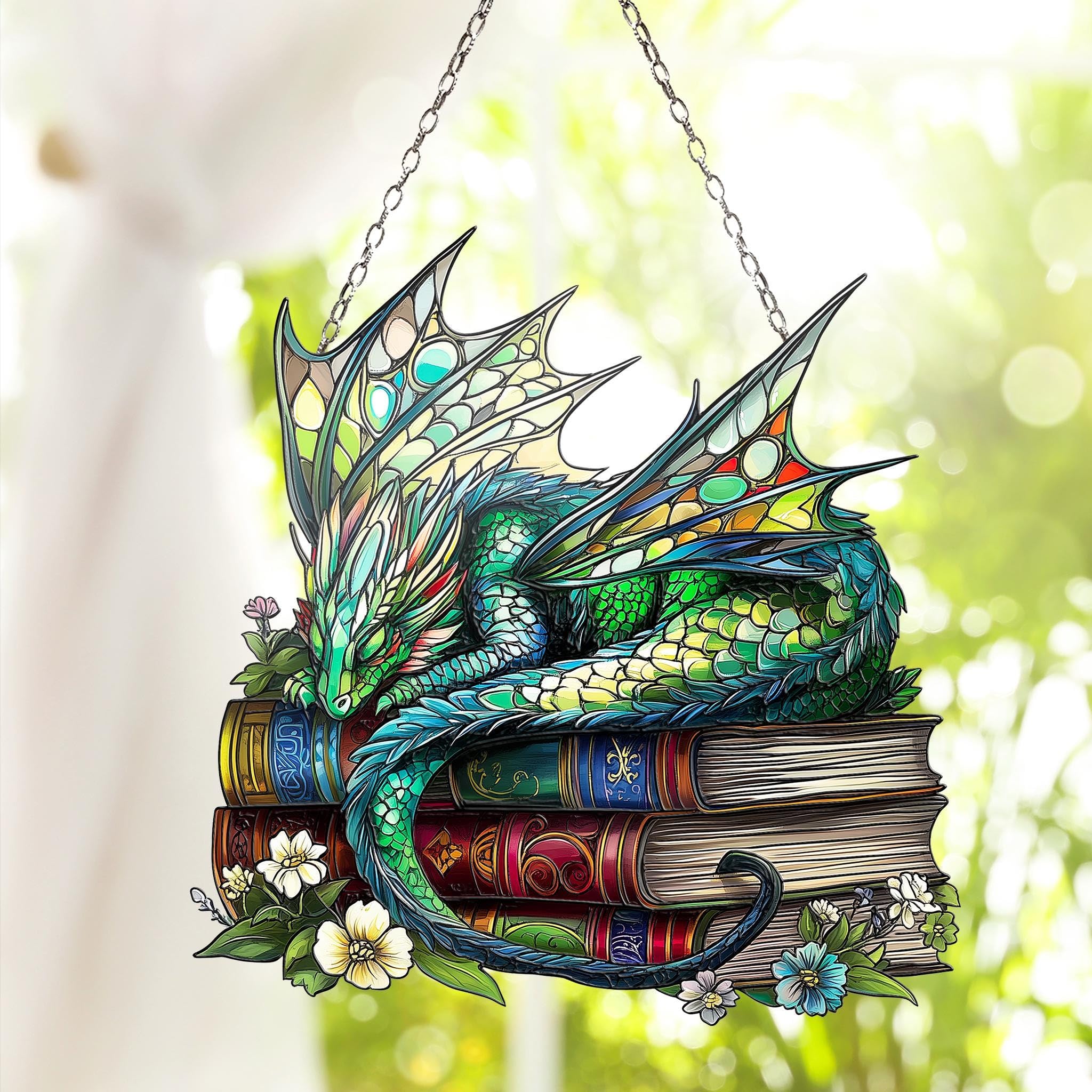 Dragon Dleep Over Books Acchiappasole in acrilico per interni Windown Suncatchers per finestre Appeso Natale Suncatchers Decorazione per finestre Outdoor Suncatcher personalizzato