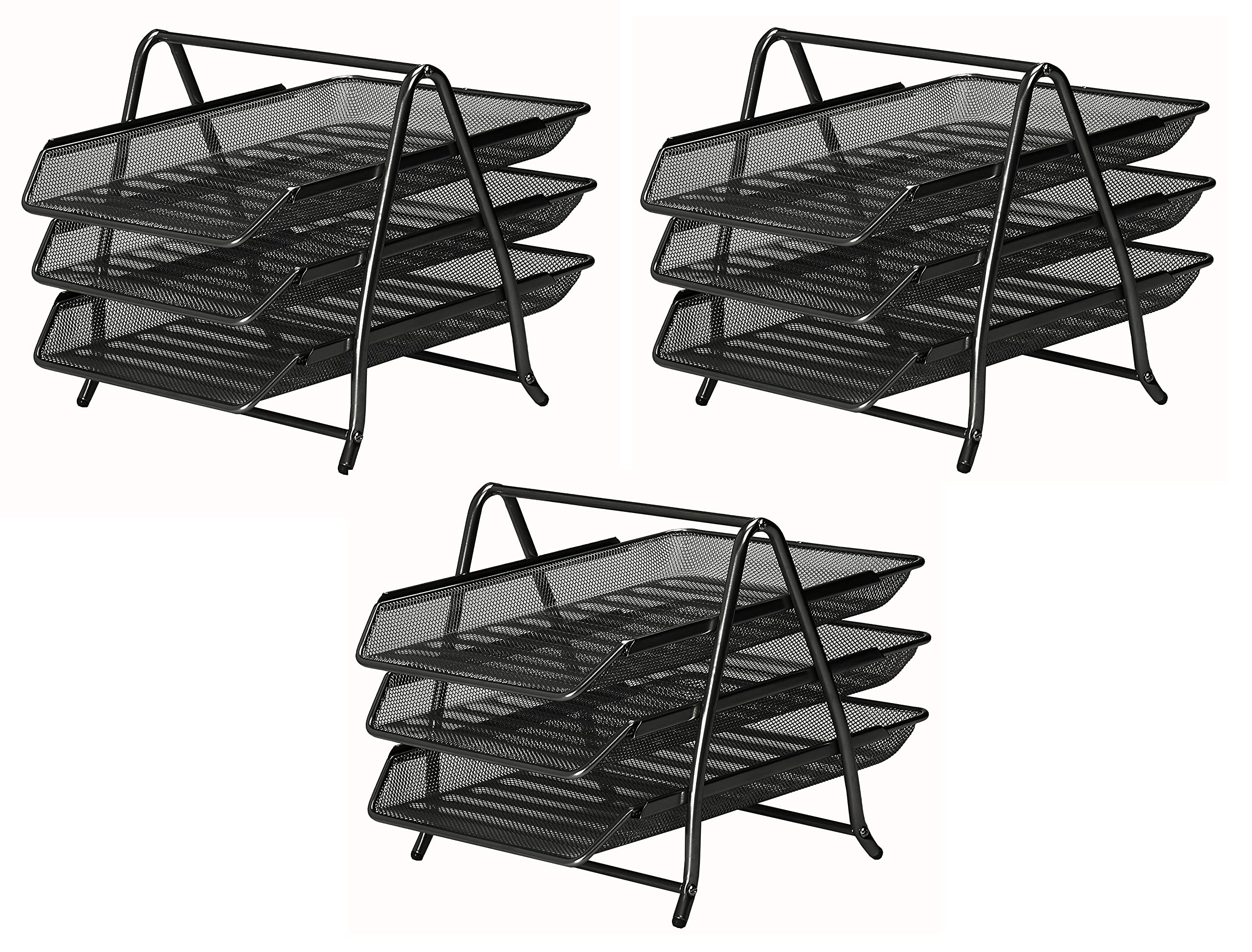 OSCO Black Wiremesh Three Tier Letter Tray | 3 Pack | Document Storage | A4 Filing | Paper Organiser | Office Desk File Sorter | Easy Assembly | H26.5 x W27.8 x D35.5 cm |