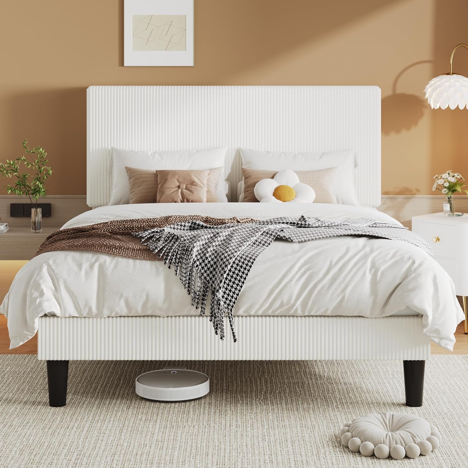 Allewie Queen Size Upholstered Bed Frame with Vertical Channel Tufted Headboard, Soft Corduroy Fabric Platform Bed, Strong Wooden Slats Support, Easy Assembly, No Box Spring Needed, White
