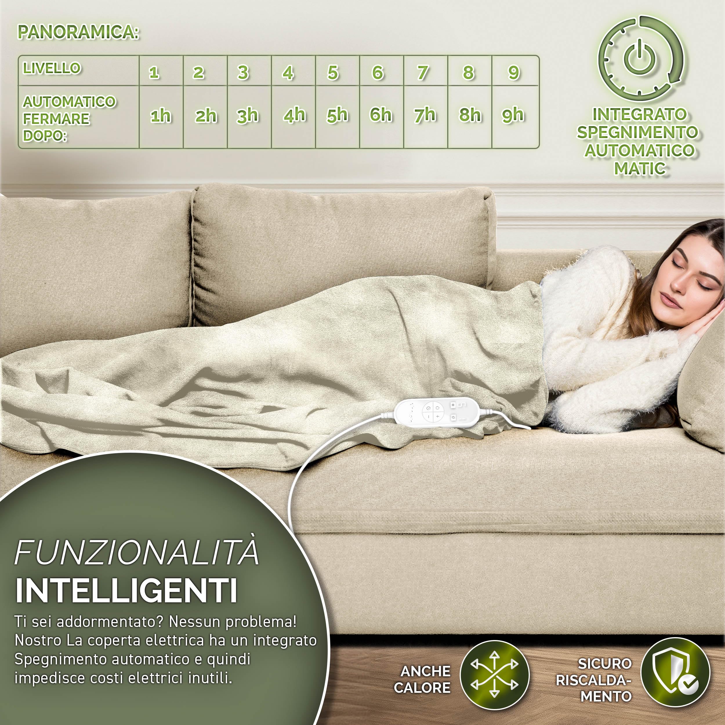 sinnlein® Sottocoperta Elettrica 160x120cm | Scaldaletto Elettrico con Spegnimento Automatico | Coprimaterasso Termico | Timer | 9 Livelli di Temperatura