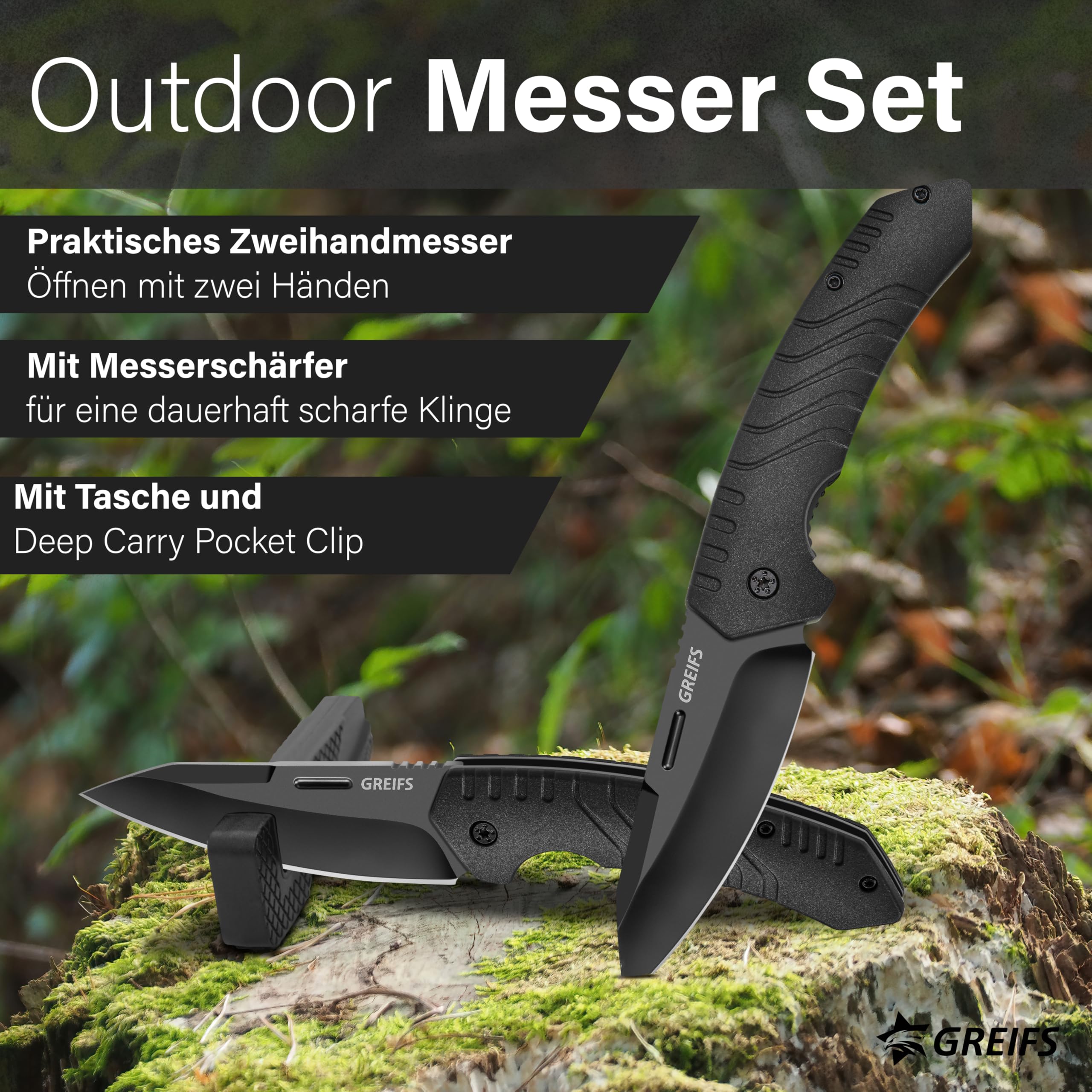 GREIFS® Klappmesser G1 (Zweihandmesser) Messer mit Tasche, Outdoor & Survival Taschenmesser, Überlebensmesser, Jagdmesser (G1+Messerschärfer, Black)