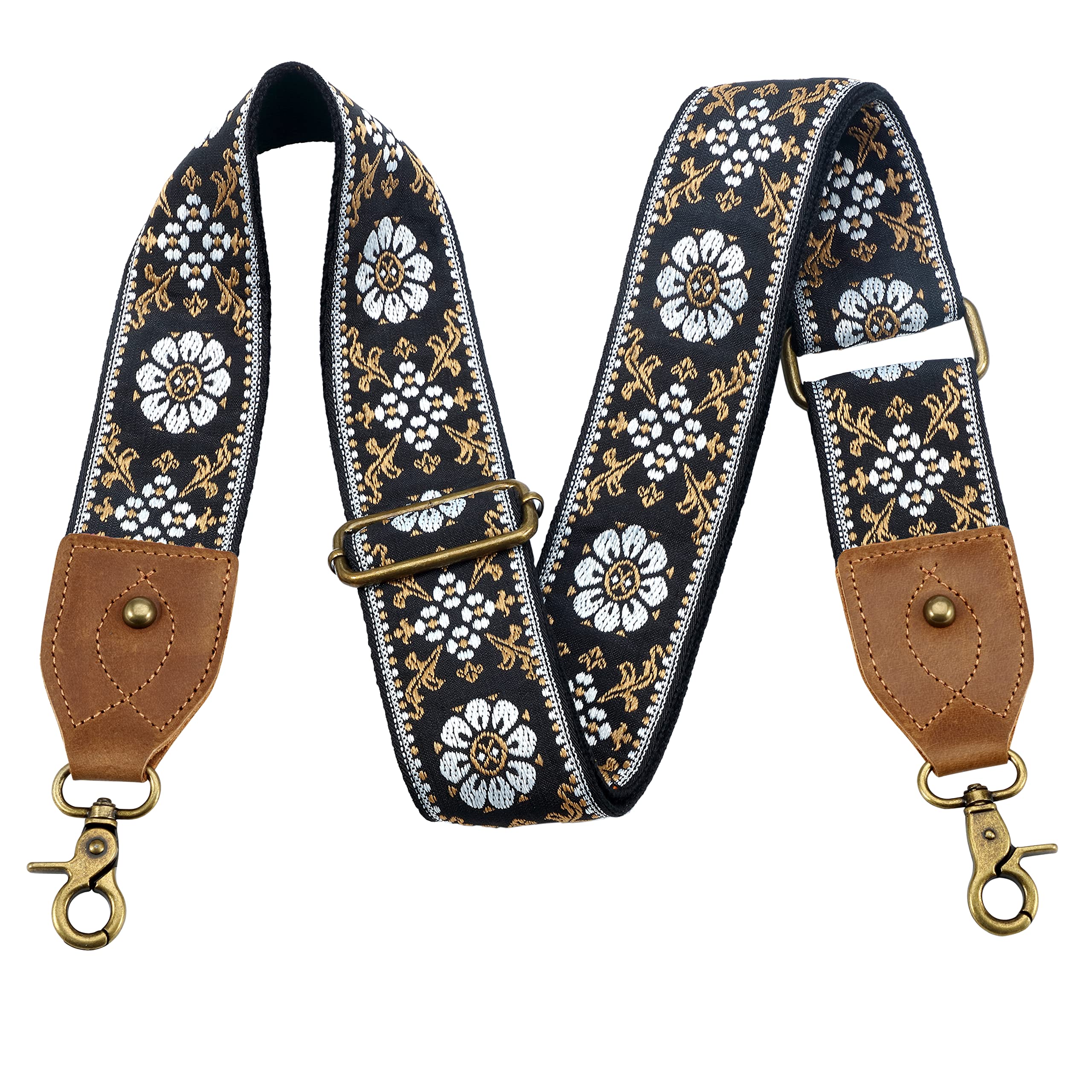 Nefelibata Purse Strap-2"Crazy Horse Leather Bag Strap Adjustable Replacement,Retro Jacquard Embroidery Crossbody Straps