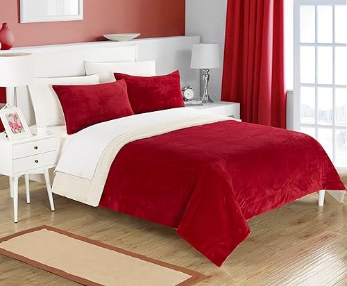Chic Home Evie Juego de cama 3 piezas microgamuza acolchada sherpa manta y fundas de almohada incluidas, Microfibra, Burgundy, King