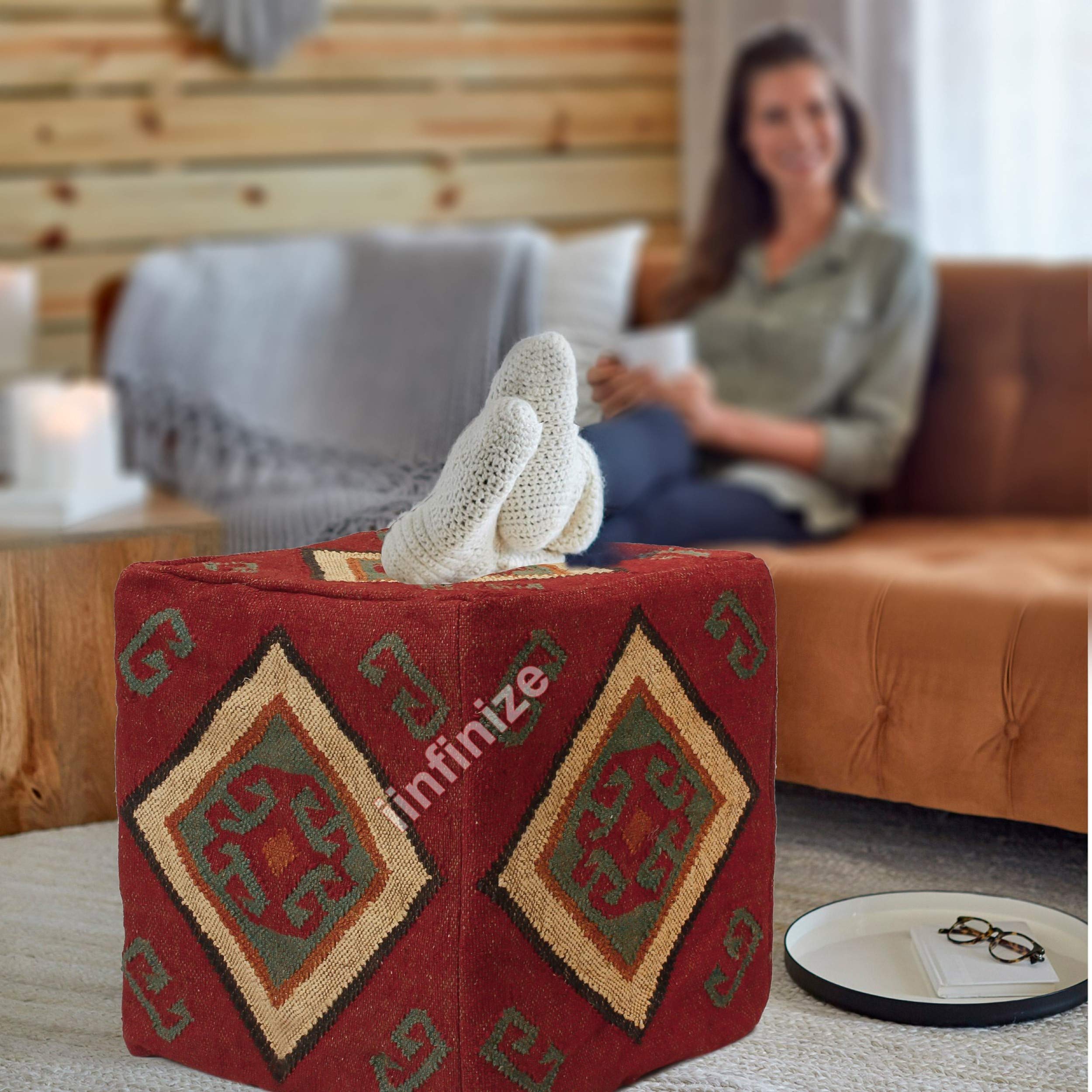 Housse de pouf vintage en laine et jute rouge, pouf salon 45cm