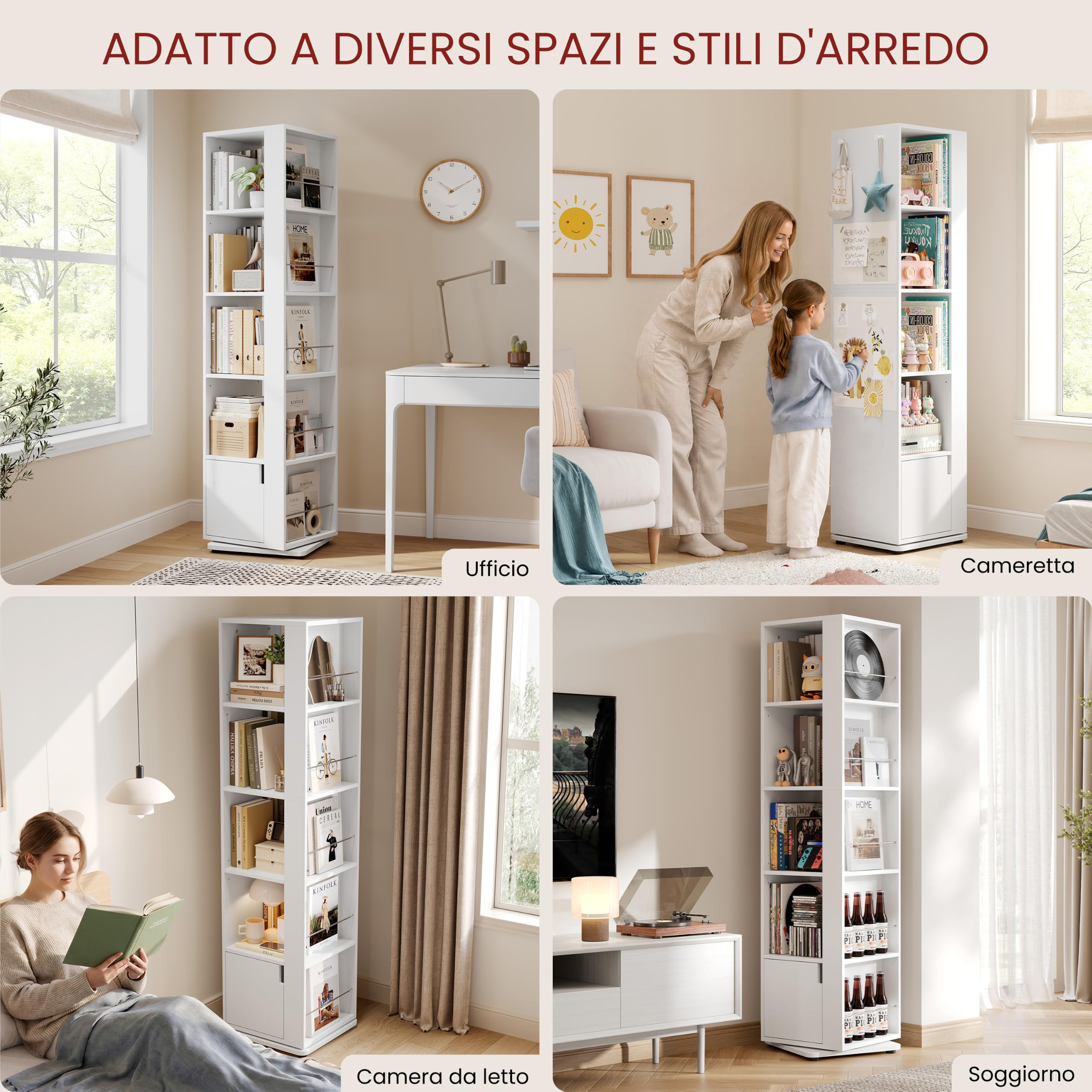 Yaheetech Libreria Girevole 360°, Scaffale Angolare a 5 Ripiani 42×42×169 cm, Libreria a Torre Grande Capacità con Ripiani Regolabili, Salvaspazio per Soggiorno, Camera da Letto, Studio (Bianco)
